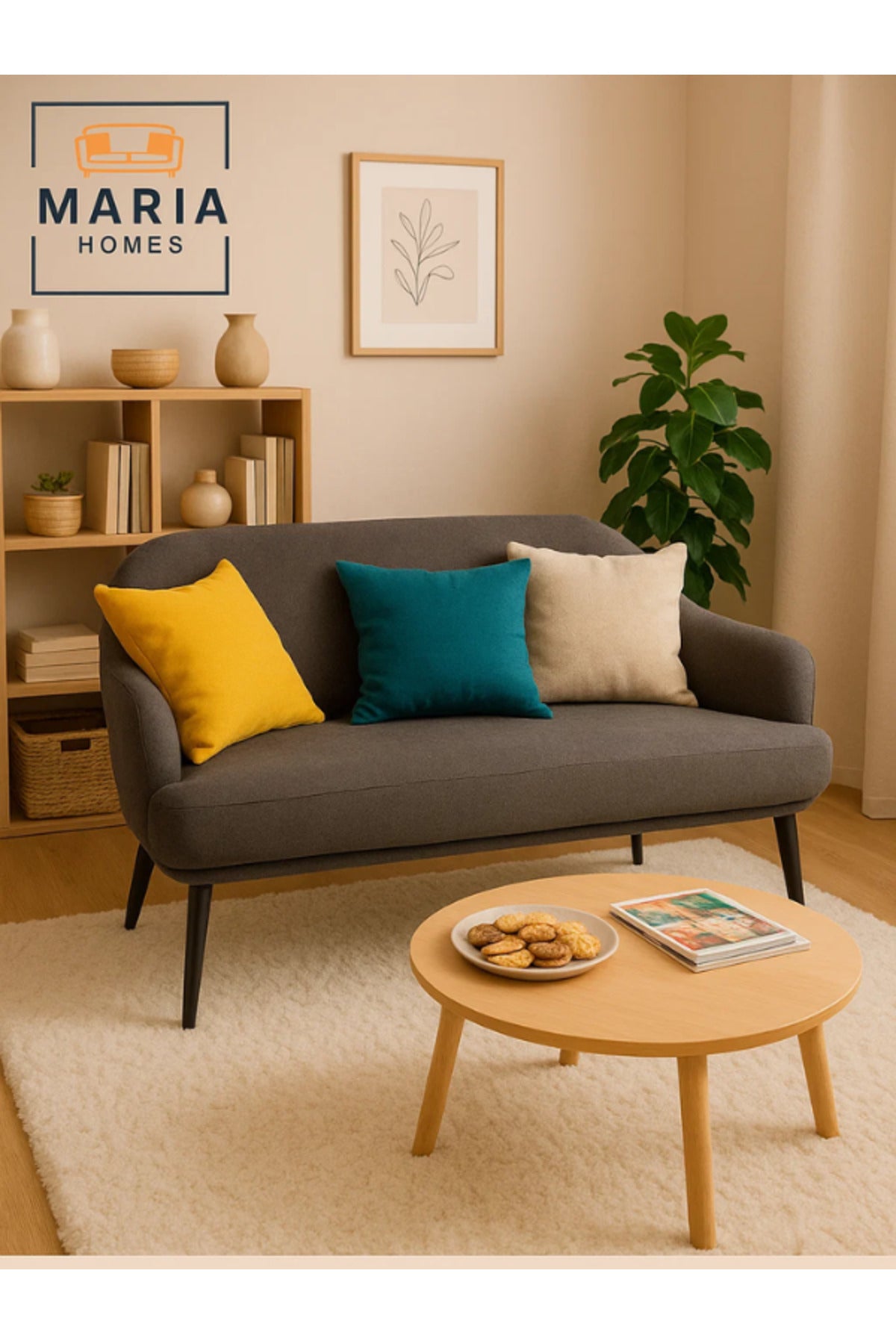 Dark Gray Two-Seater Sofa Ð Modern Fabric Couch with Black Legs for Living Room