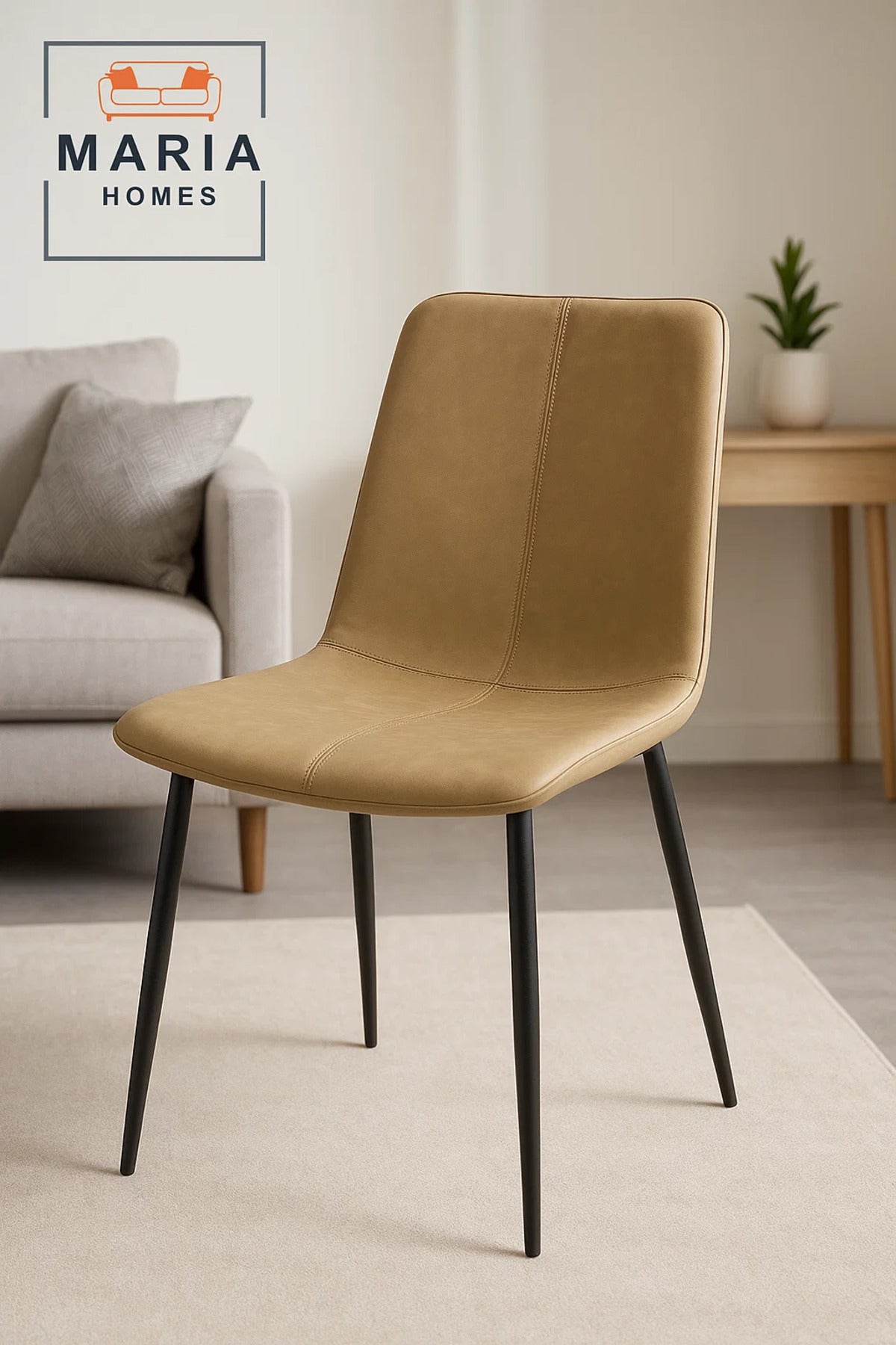 Beige Faux Leather Dining Chair with Stitch Detail and Black Metal Legs Ð Modern Minimalist Design