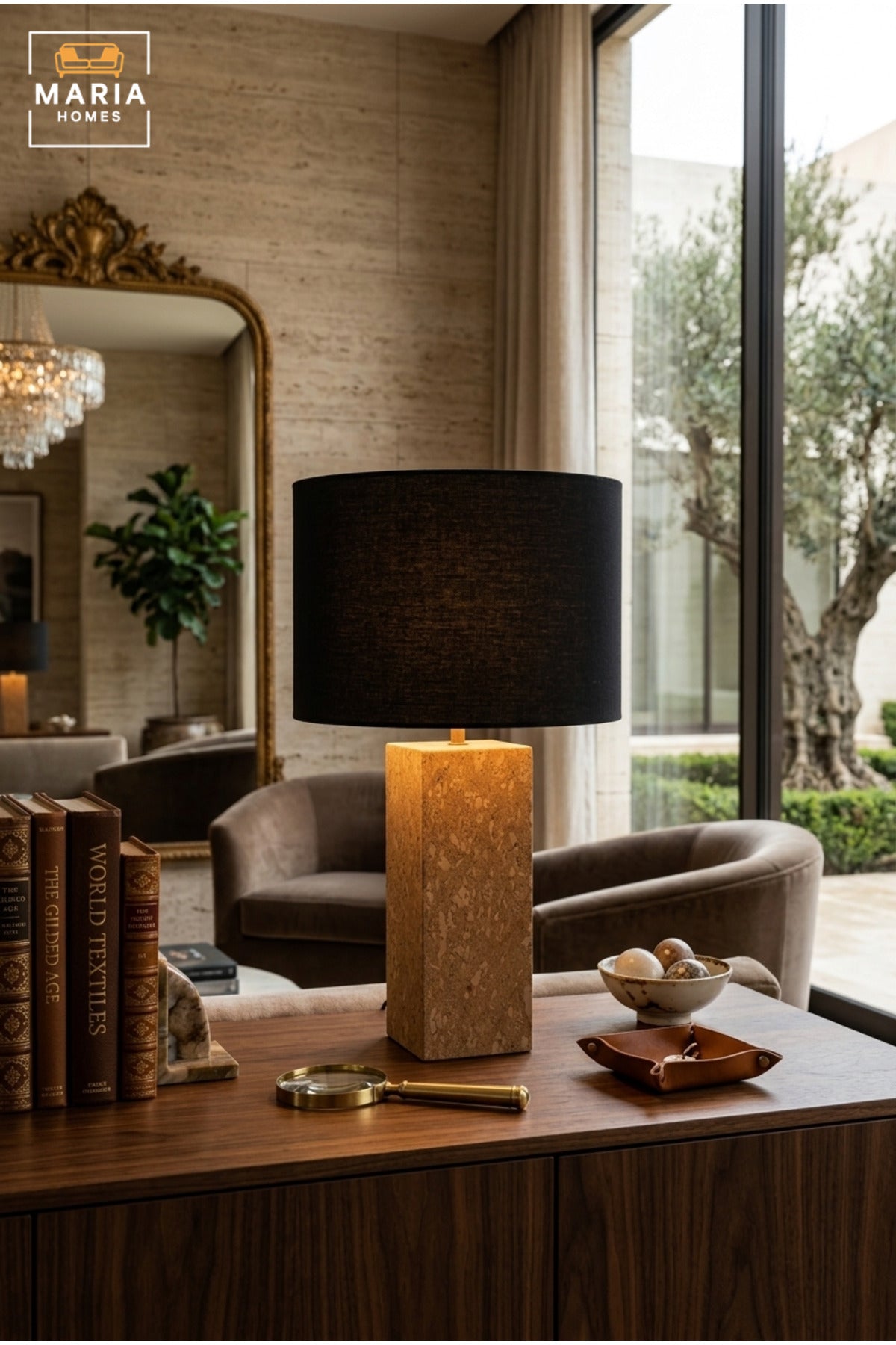 Modern Cork Table Lamp with Black Drum Fabric Shade and Slim Rectangular Textured Base for Bedroom, Living Room, Office, Hotel and Bedside Décor