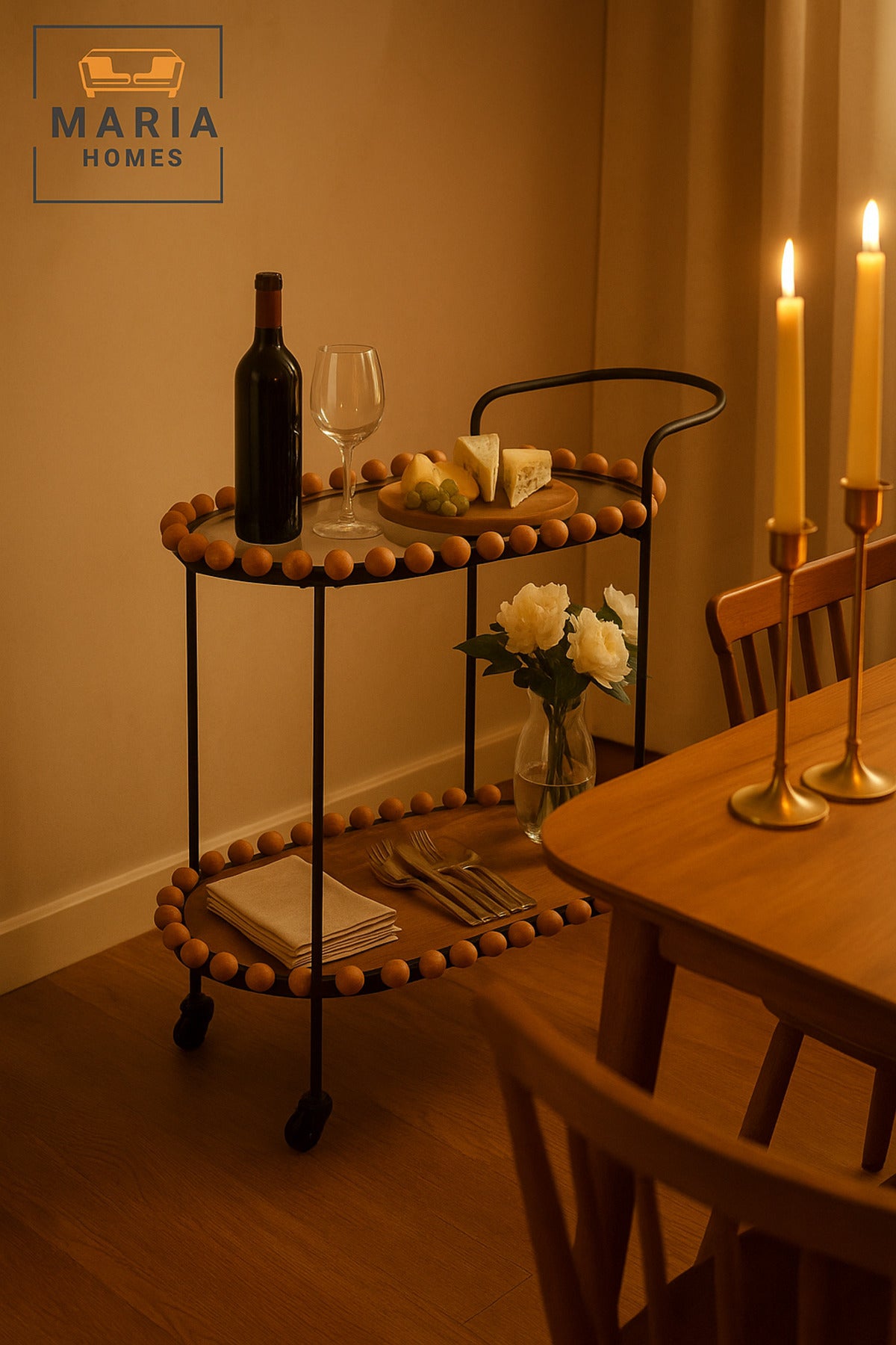 Brown & Black Oval Serving Trolley with Wooden Beads Ð 2-Tier Tea & Coffee Cart 70_40_84 cm