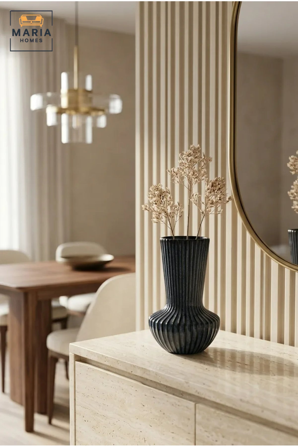 Blue Ribbed Decorative Vase, Modern Fluted Flower Holder with Rounded Base for Dried Flowers, Living Room, Bedroom, Office, Shelf and Table Décor