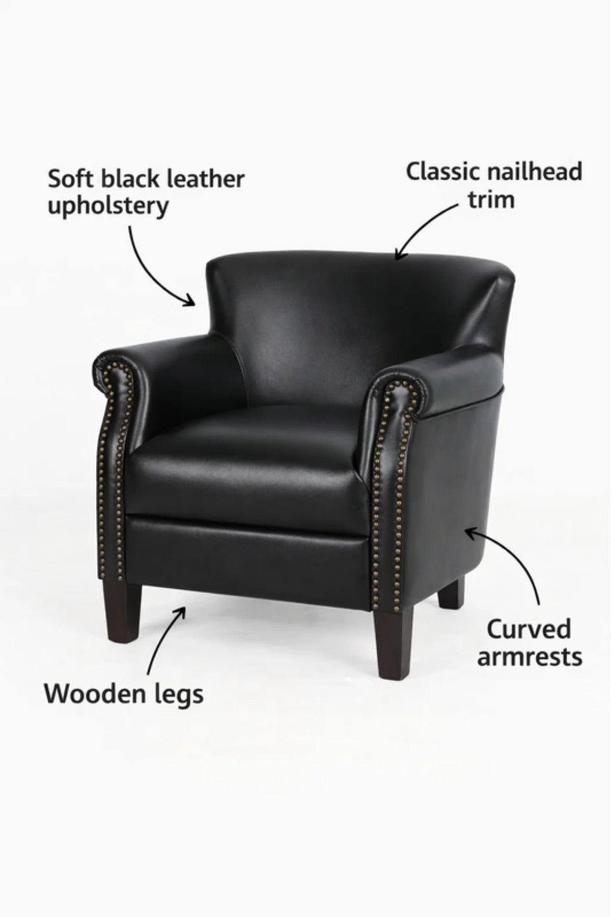 Black Leather Accent Armchair with Nailhead Trim Ð Classic Lounge Chair
