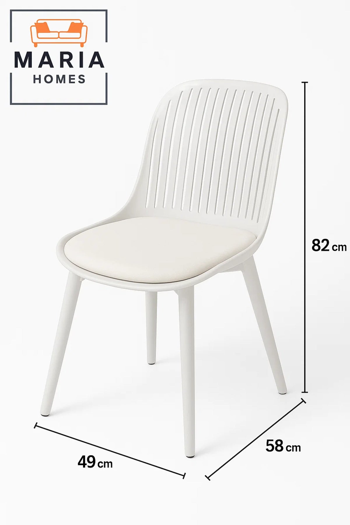 Modern White Plastic Chair with Vertical Cutout Back and Cream Seat Cushion