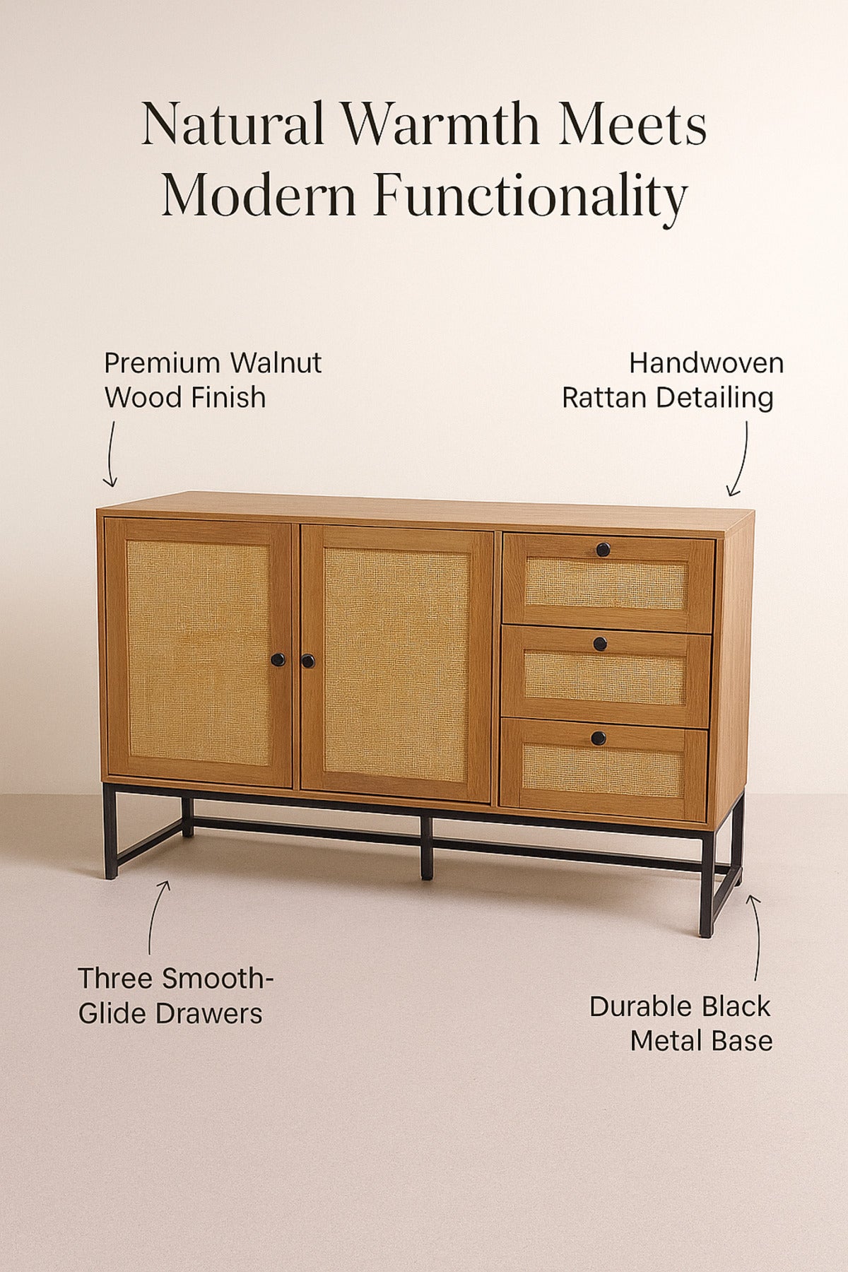 Walnut Rattan Console Table 120_40_85 cm Ð Modern Wooden Storage Cabinet with 2 Doors and 3 Drawers