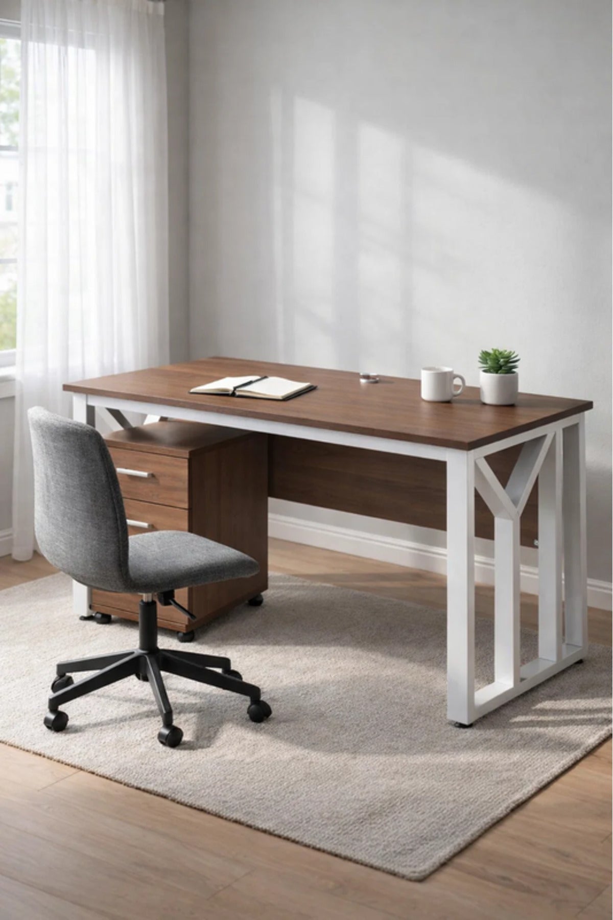 Modern Light Brown Desk with White Metal Frame & 3-Drawer Storage
