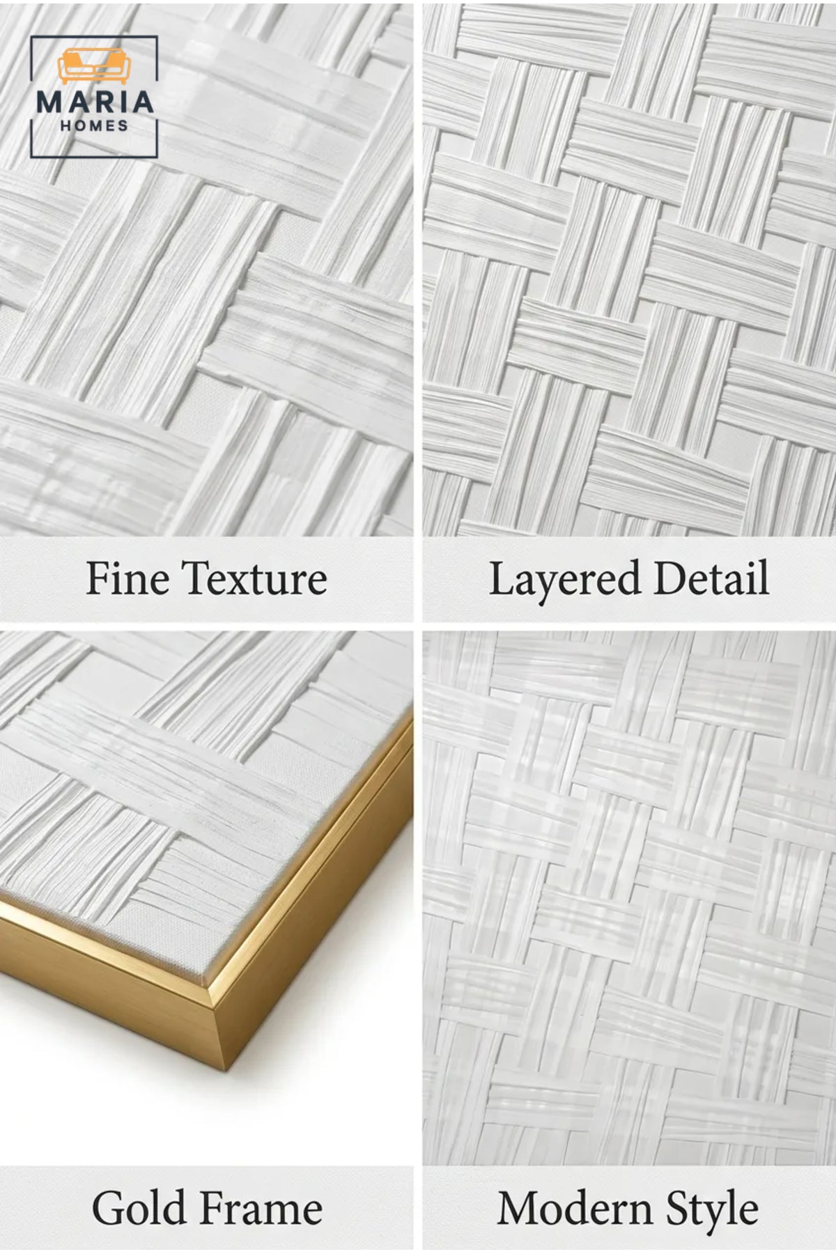 White Woven Texture Abstract Wall Art with Gold Frame – Modern Minimalist Decorative Panel