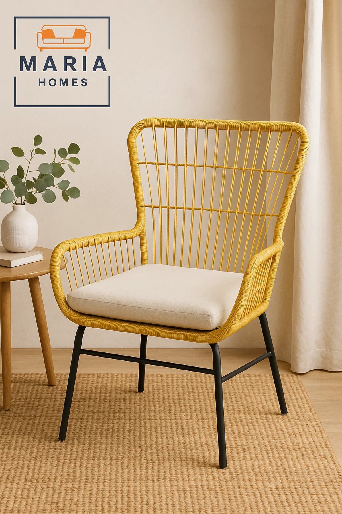 Modern Rattan Woven Chair with Beige Cushion Ð Indoor Outdoor Lounge Seating with Metal Legs