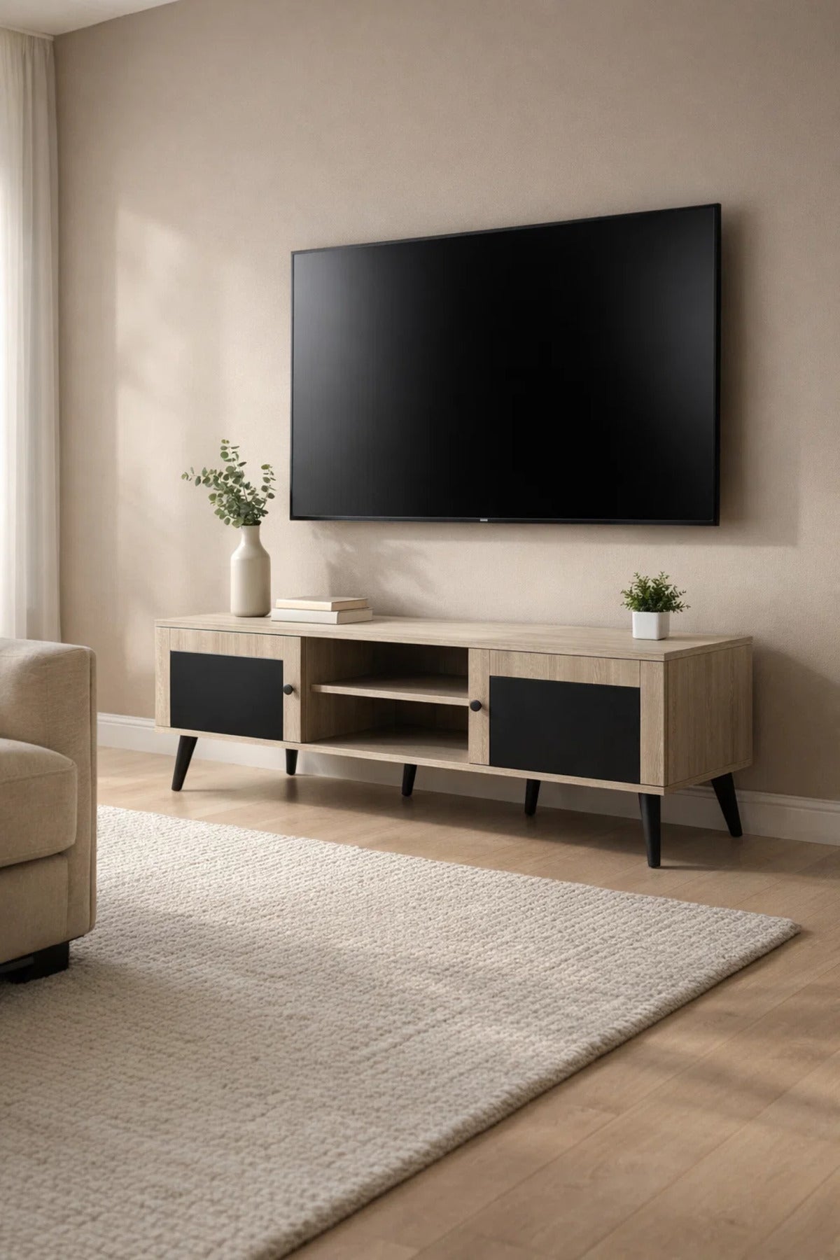 Modern 180cm Wide TV Stand Unit Beige Wood Black Doors Media Console Table with Storage Shelves