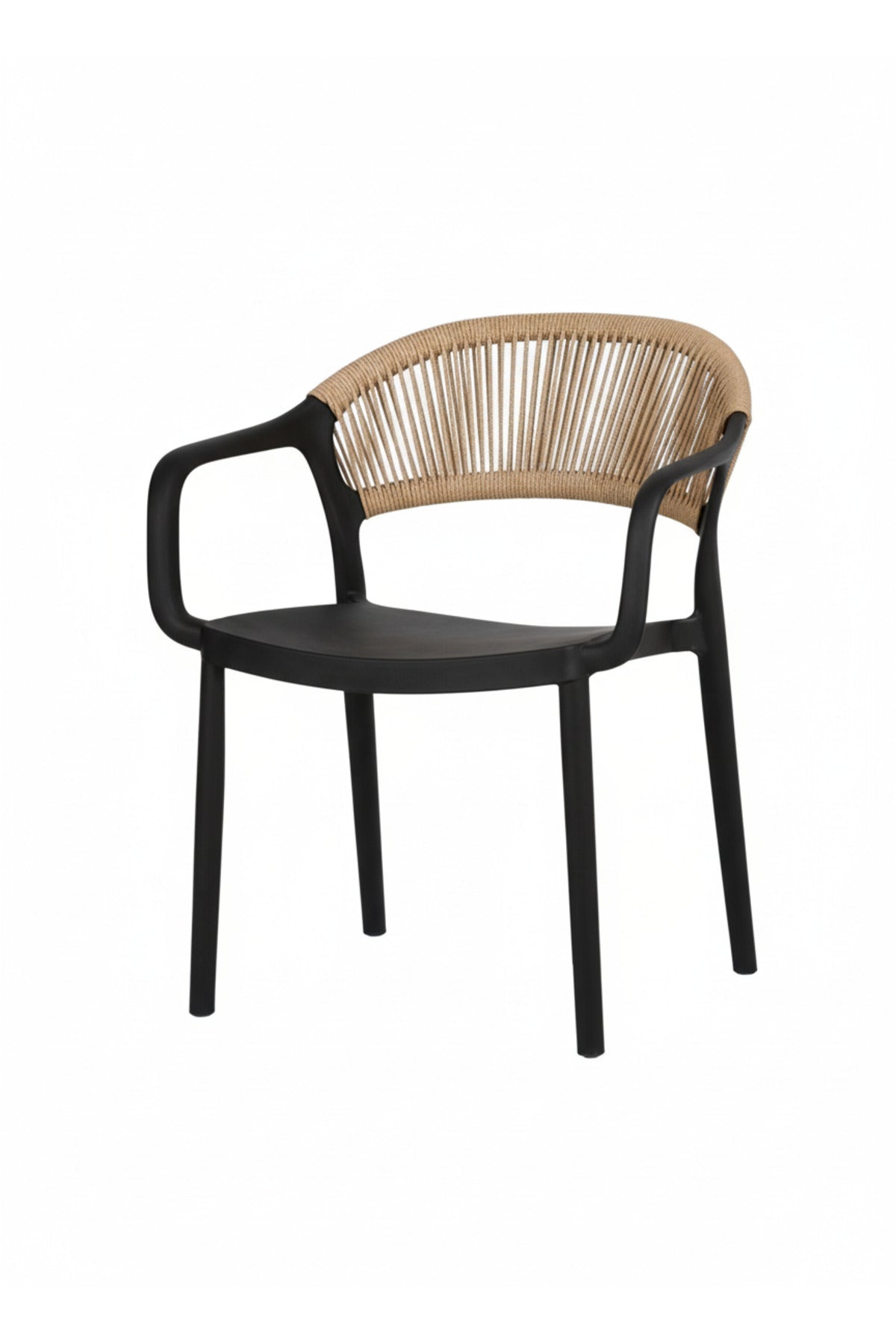 Modern Black Dining Chair with Brown Rattan Back and Armrests for Indoor Outdoor Use