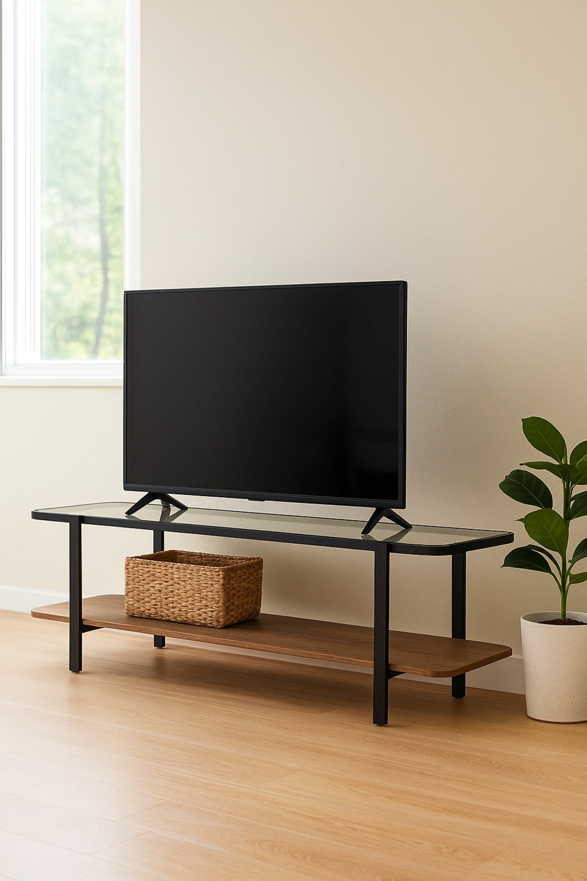 Modern Brown Glass Top TV Stand with Storage Shelf Ð 160_40_50 cm