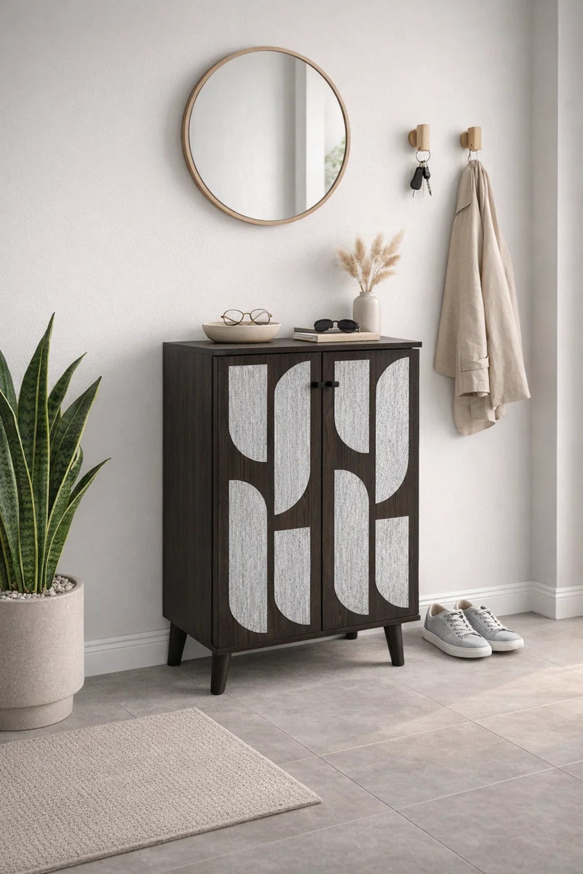 Brown & Grey Shoe Cabinet 60_34_91 cm √ê Modern Shoe Organizer with Decorative Doors