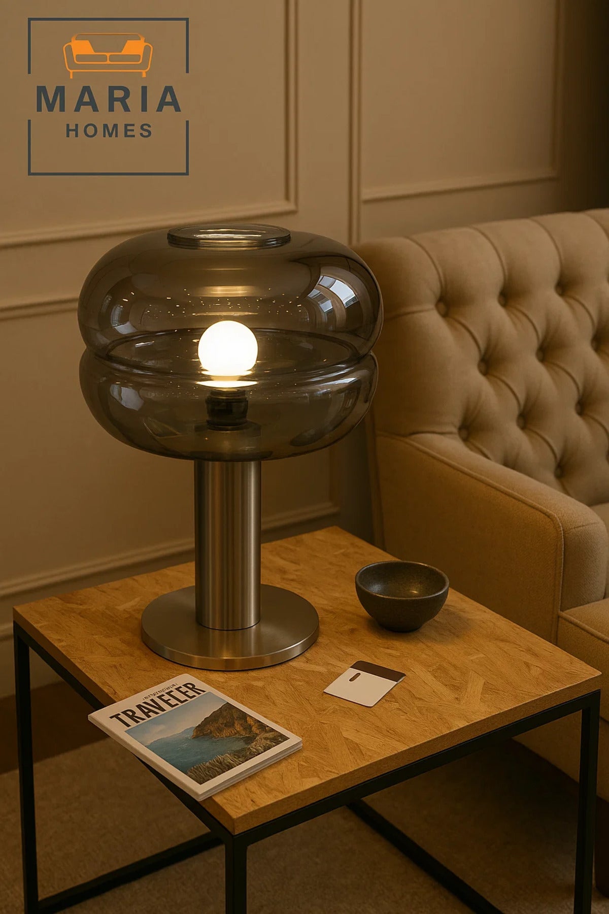 Brushed Steel Lamp With Smoked Glass Dome