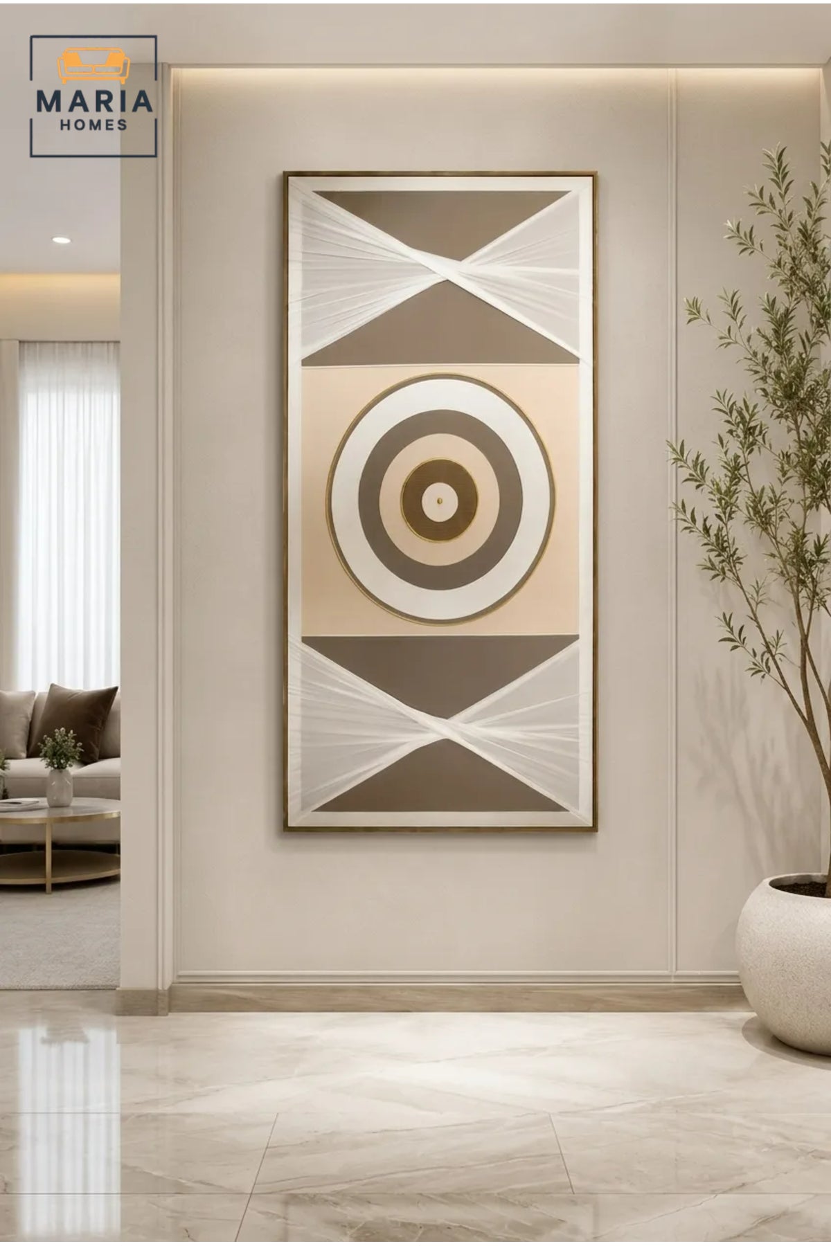 Modern Geometric Textile Wall Art Ð Abstract Target Pattern Framed Artwork in Beige, Taupe & Ivory for Contemporary Home DŽcor