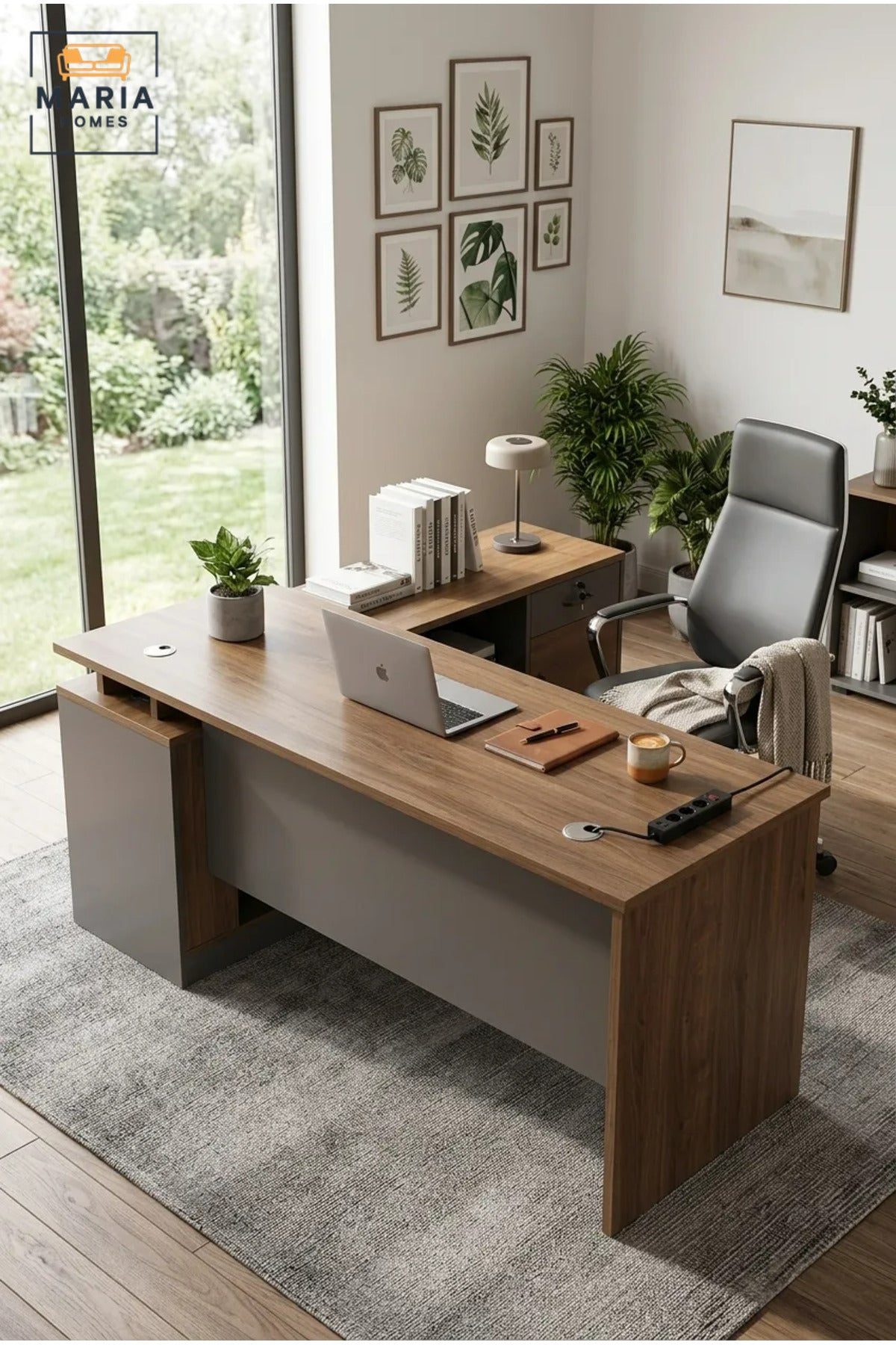 Modern Office Desk with Wooden Top, Side Storage Cabinet, Drawer and Open Shelves, Computer Workstation for Home Office, Study Room and Workplace