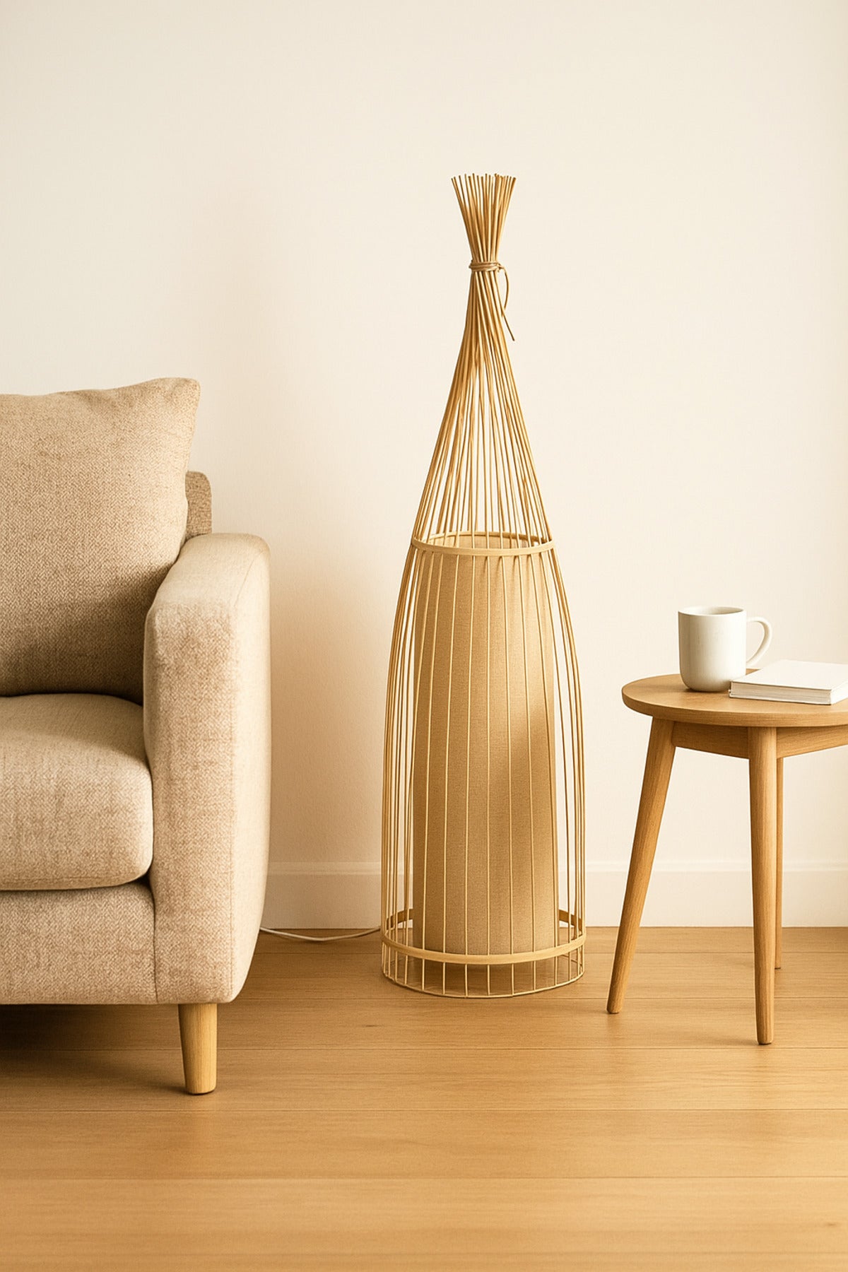 Natural Bamboo Floor Lamp Ð Handcrafted Rattan Design with Fabric Shade for Living Room & Bedroom