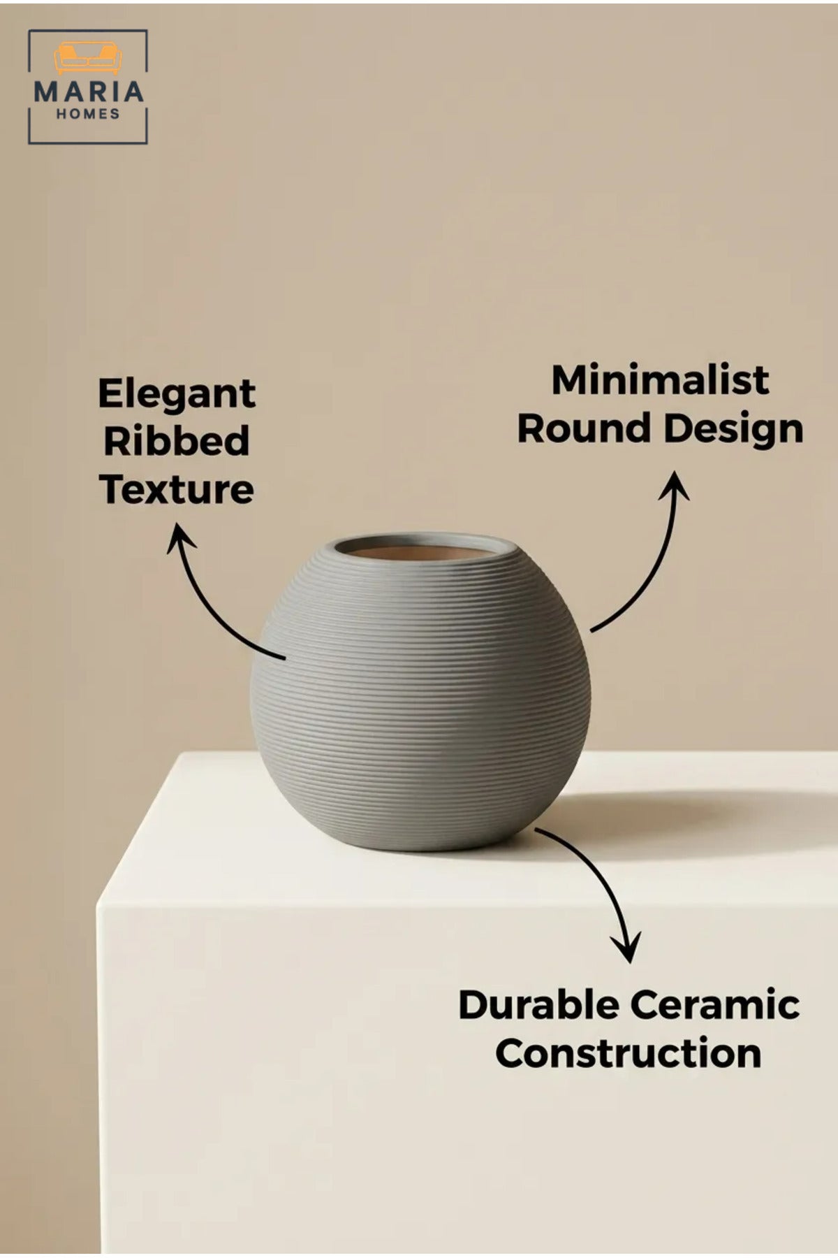 Modern Decorative Flower Vase with Round Shape, Wide Opening and Fine Ribbed Texture for Living Room, Bedroom, Office, Shelf and Console Table Décor