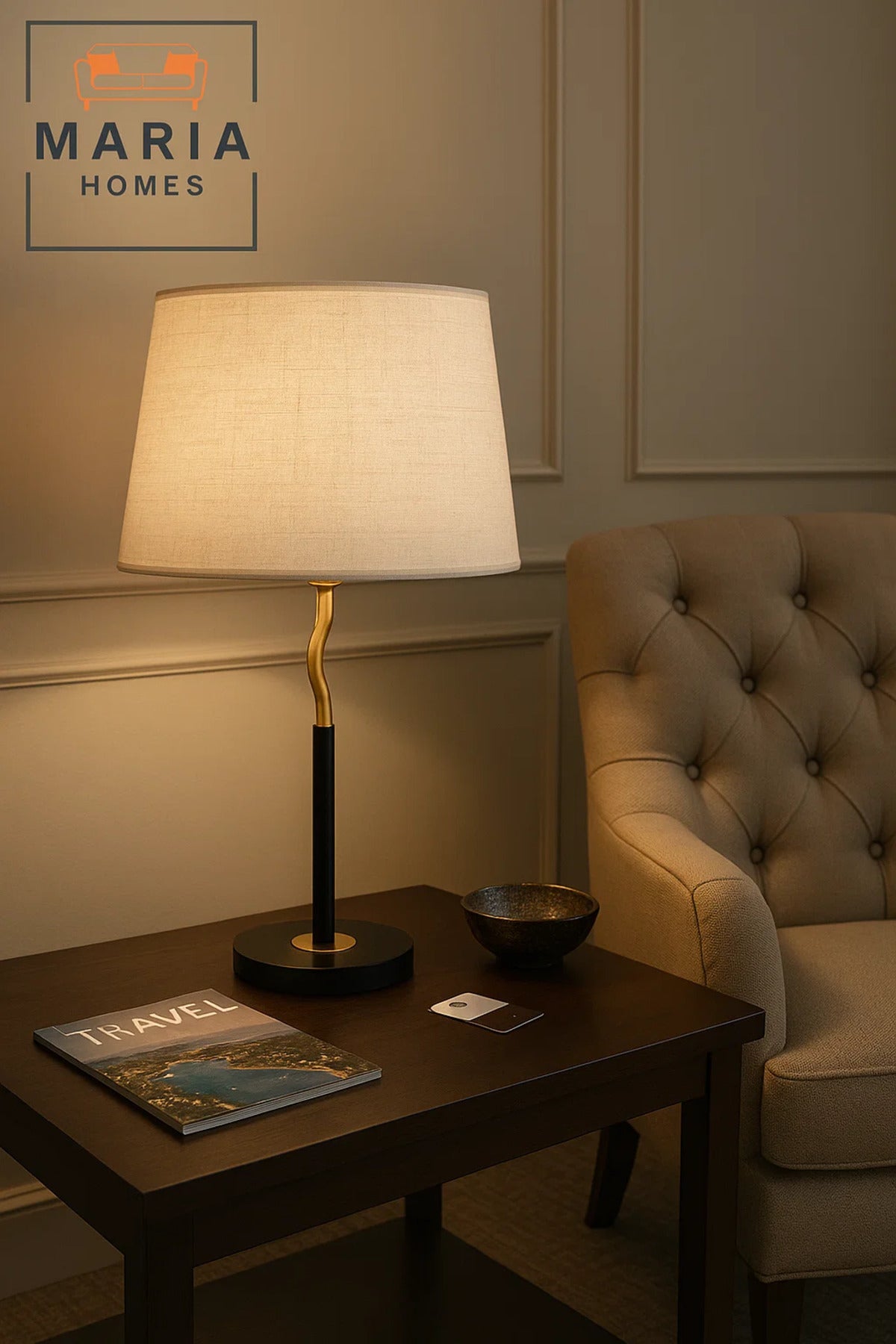 Black and Gold Table Lamp with Curved Neck