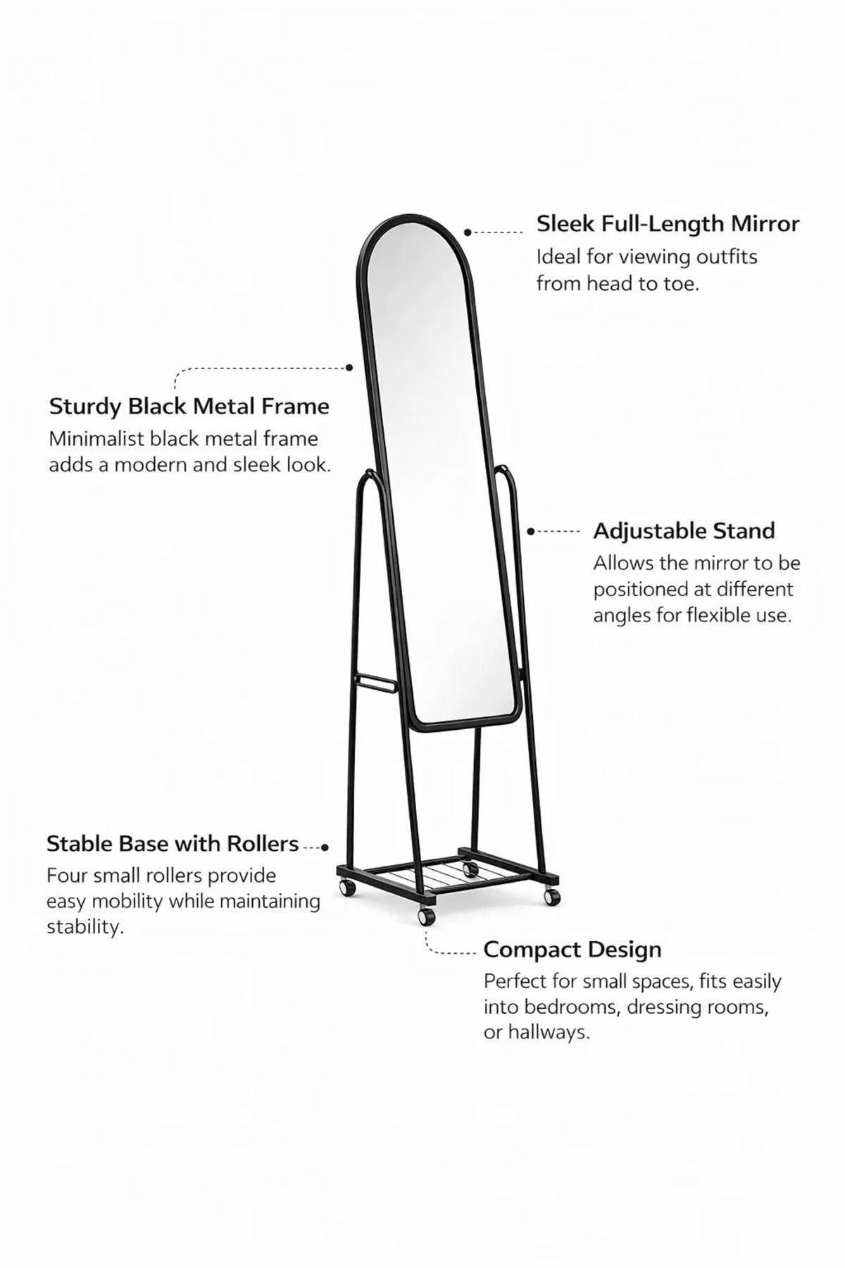 Modern Black Arched Full Length Standing Mirror with Wheels and Storage Shelf Mobile Bedroom Decor