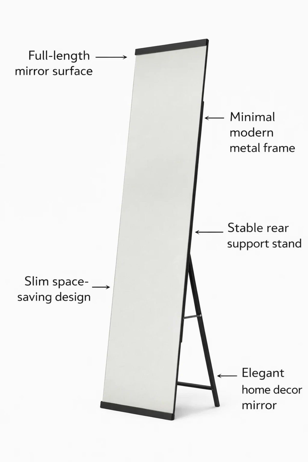 Black Frame Floor Mirror Full Length Standing Mirror for Bedroom