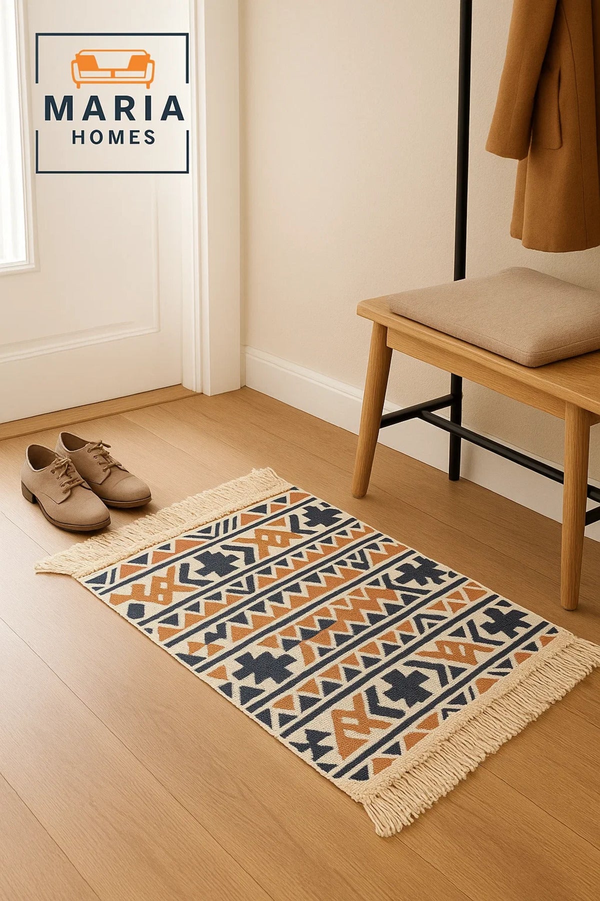 Boho Cotton Accent Rug with Multicolor Tribal Pattern and Fringe Ðsize 60x80 cm