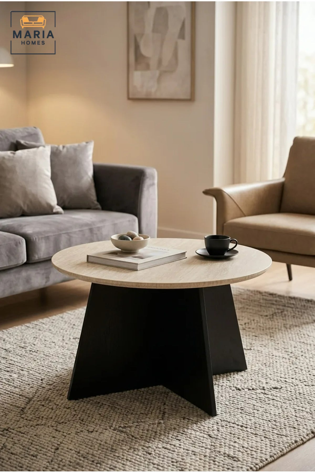 Modern Round Coffee Table with Marble-Effect Top and Sculptural Cross Base, Contemporary Center Table for Living Room, Lounge, Apartment and Office