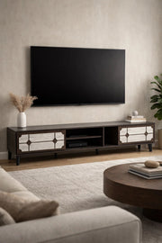 Modern Brown TV Unit 200cm Wide with White Patterned Doors and Open Shelves for Stylish Living Rooms