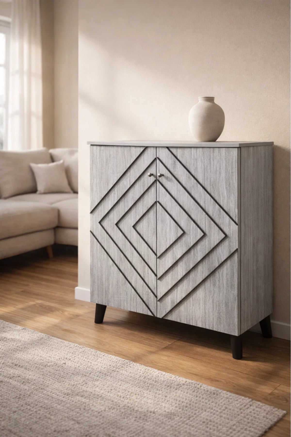 Modern Grey Geometric Storage Cabinet with Doors & Elevated Legs