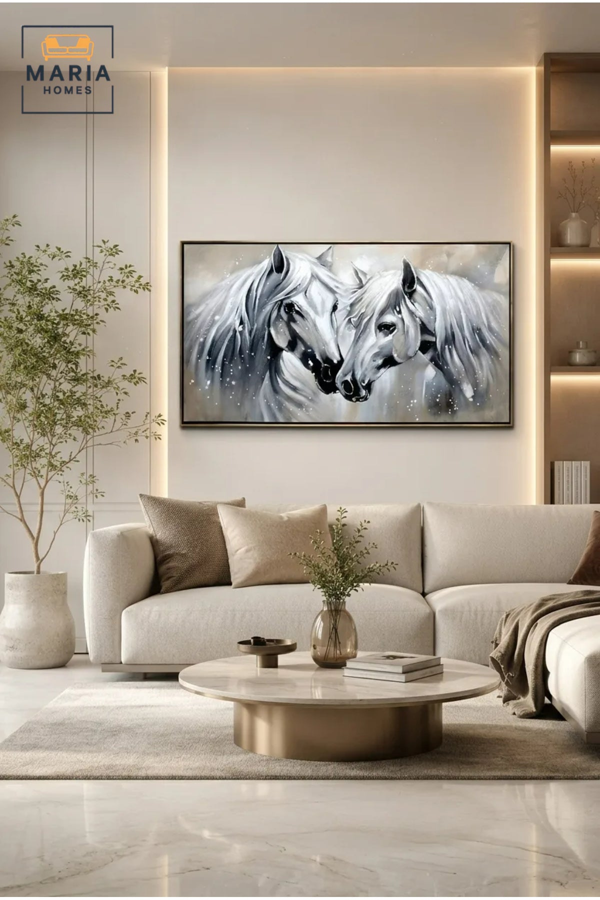 Luxury White Horse Framed Wall Art Ð Horizontal Equestrian Painting for Living Room, Bedroom, Hallway & Office DŽcor