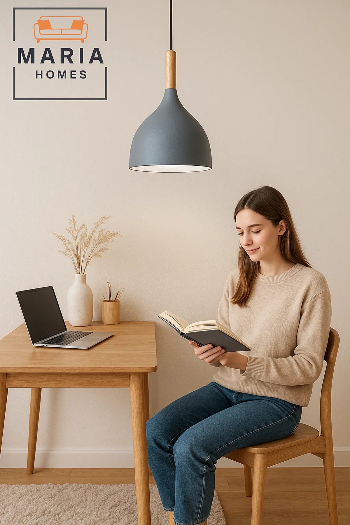 Matte Grey Pendant Light with Wood Neck