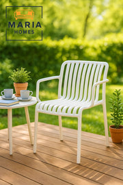 White Plastic Armchair with Slatted Design Ð Stackable Outdoor Chair for Garden or Patio