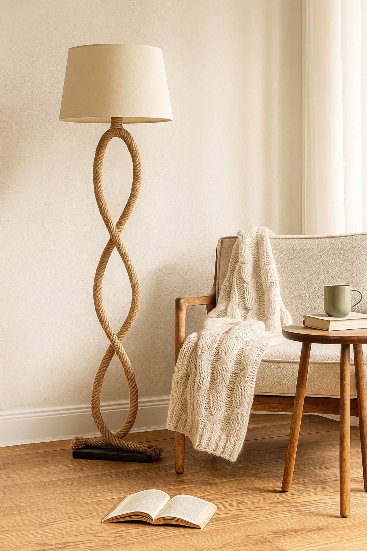 Rope Floor Lamp Natural Brown Fabric Shade with Artistic Rope Stand for Living Room & Bedroom