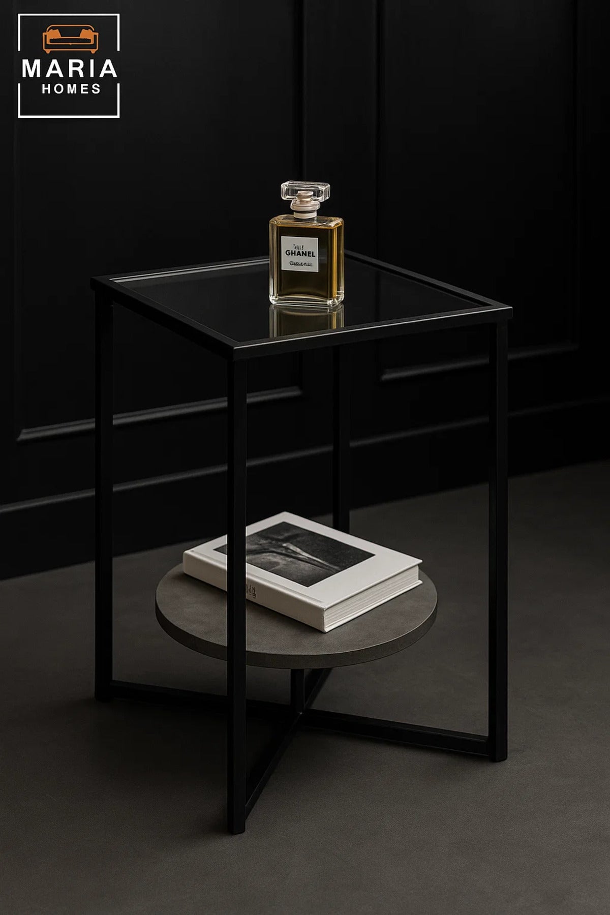 Modern Glass-Top Side Table with Black Metal Frame and Stone Shelf
