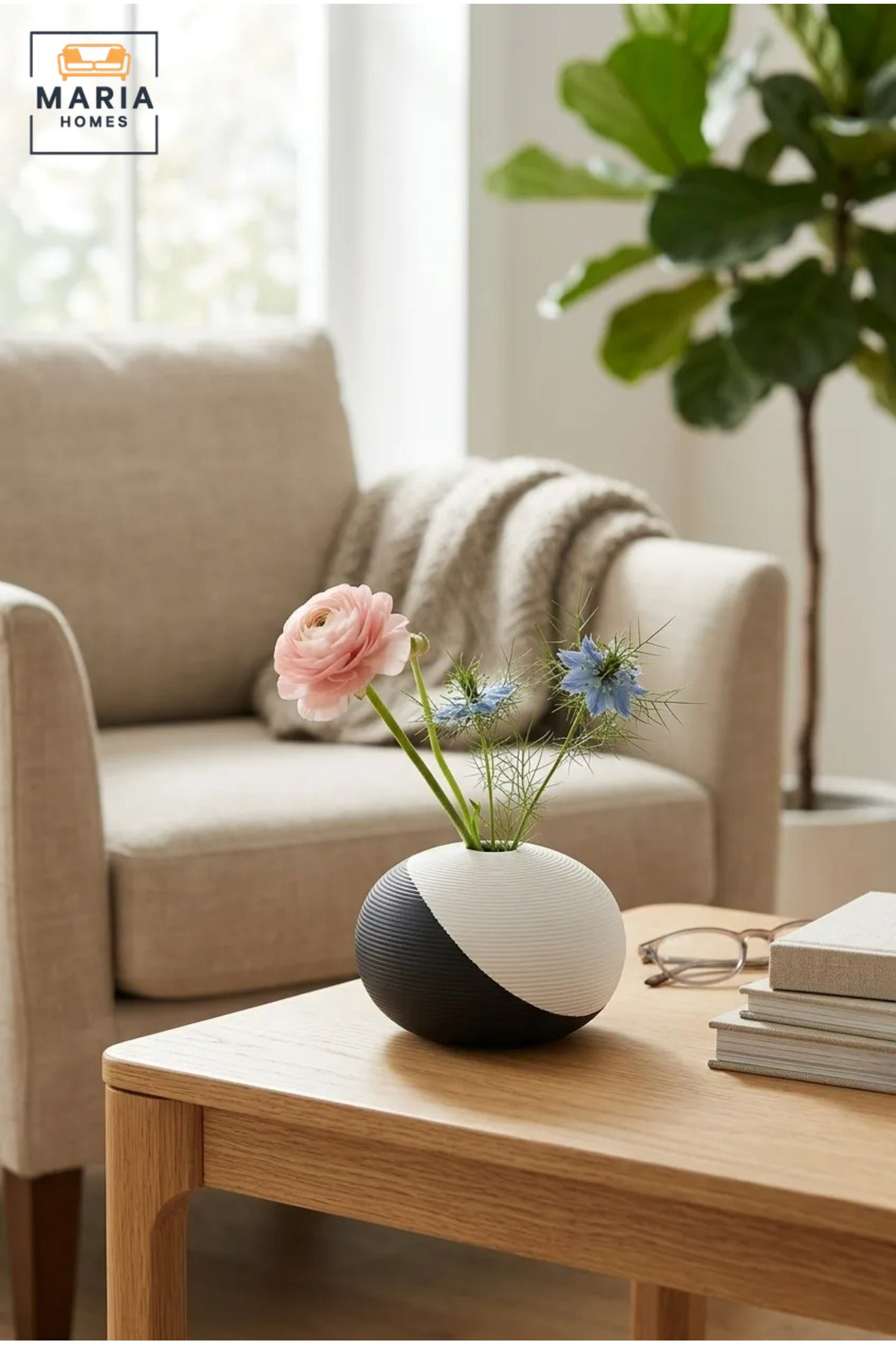 Modern Decorative Flower Vase with Two-Tone Abstract Design, Low Round Shape and Ribbed Texture for Living Room, Office, Shelf and Console Décor