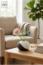Modern Decorative Flower Vase with Two-Tone Abstract Design, Low Round Shape and Ribbed Texture for Living Room, Office, Shelf and Console Décor