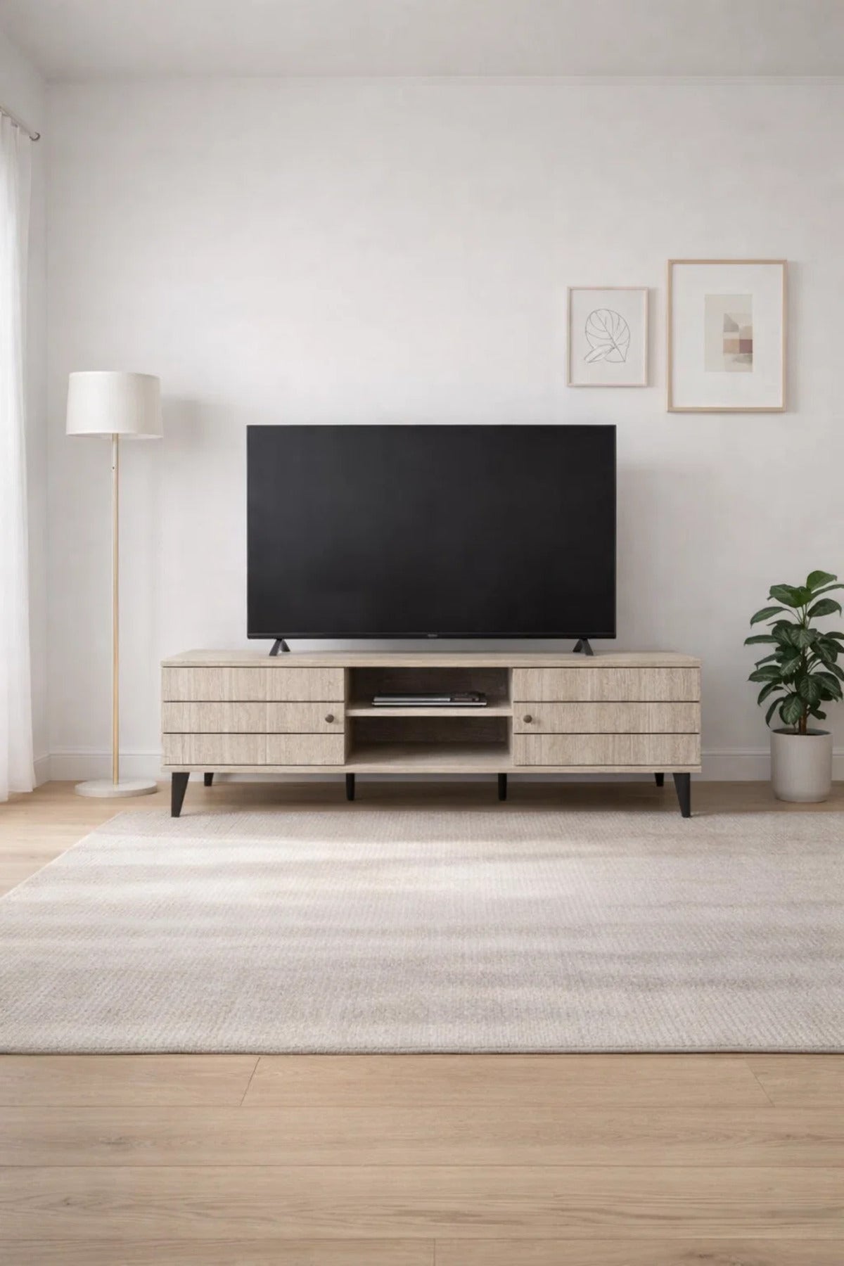 Beige TV Stand Ð 180x40x45 cm Modern Wooden Plasma Table with Drawers & Shelf
