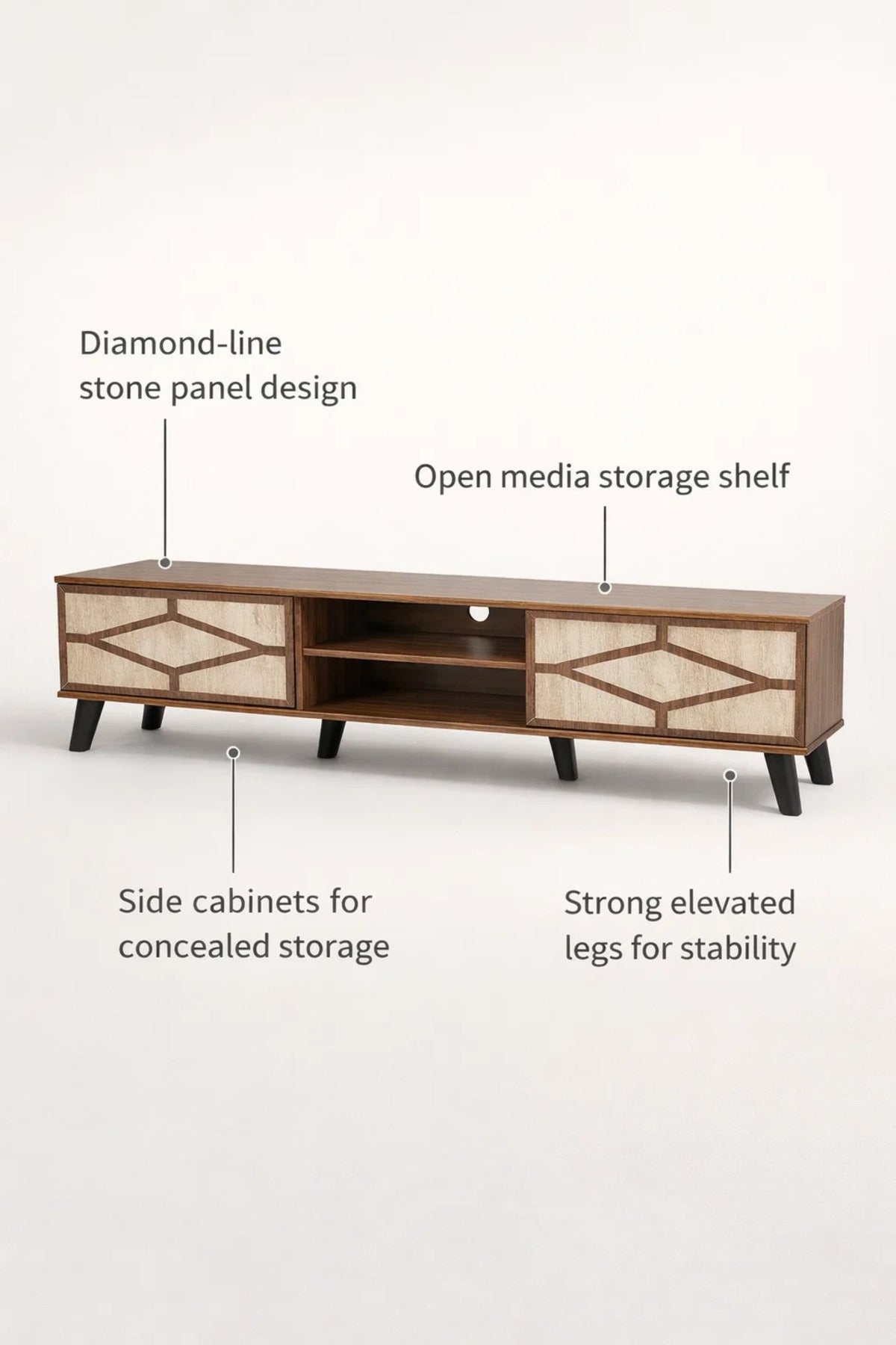 Modern Wooden TV Stand Dark Brown with Beige Stone Pattern 160 x 40 x 43 cm