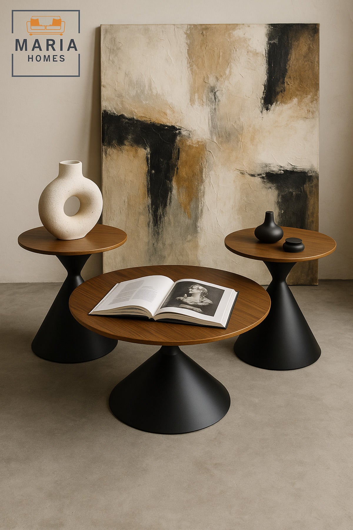 Modern Walnut Coffee Table Set Ð 3-Piece Round Center and Side Tables with Black Cone Base