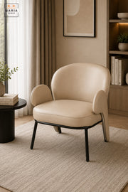 Modern Beige Upholstered Accent Armchair with Curved Backrest, Padded Seat, Unique Armrests & Black Metal Legs for Living Room Bedroom Office Lounge