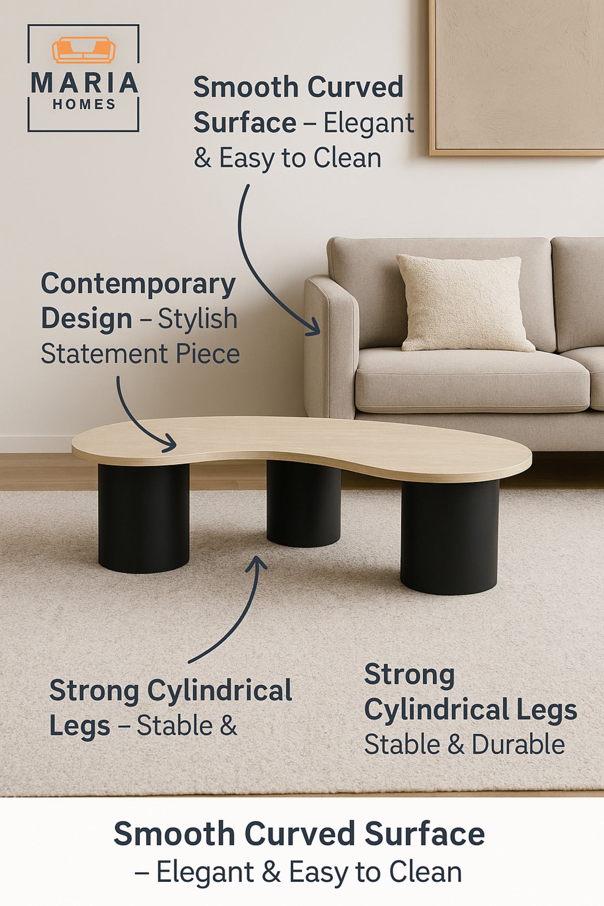 Modern Coffee Table 130_62_40 cm Ð Beige Laminate Top with Black Cylindrical Base