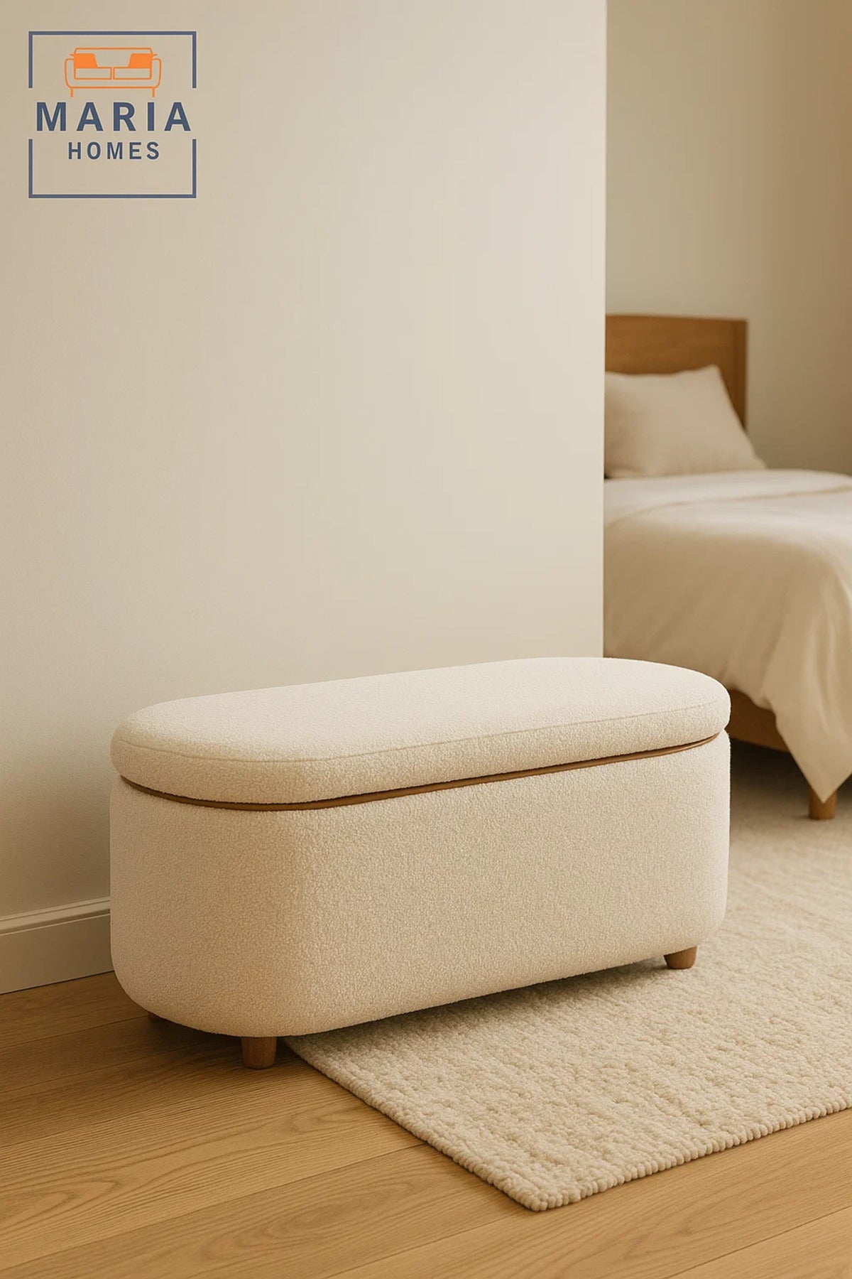 Oval Upholstered Ottoman with Storage and Wooden Feet