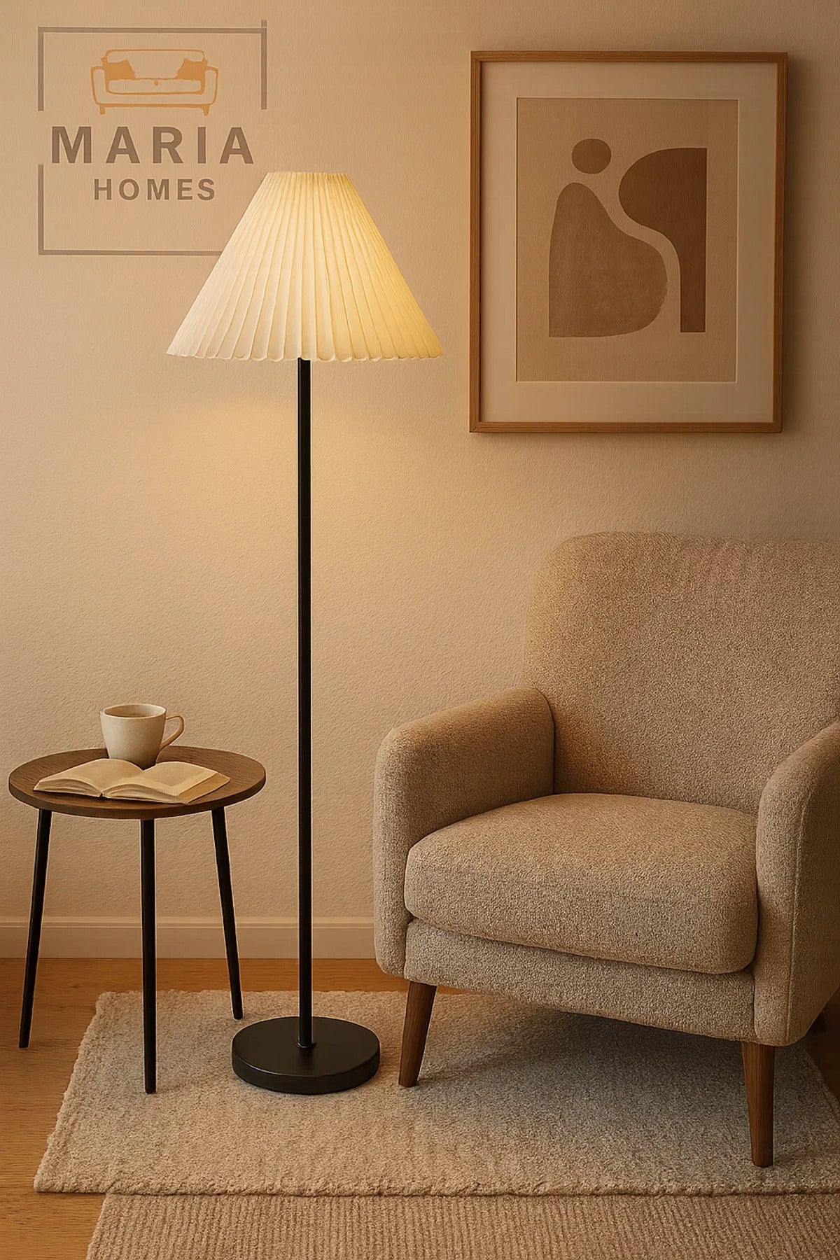 Black Floor Lamp with White Pleated Shade
