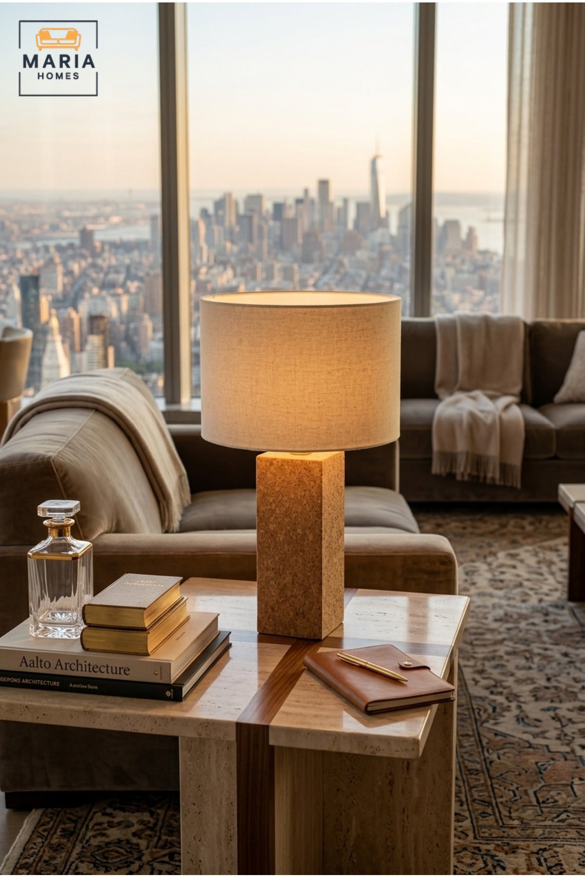Modern Cork Table Lamp with Beige Drum Fabric Shade and Slim Rectangular Textured Base for Bedroom, Living Room, Office, Hotel and Bedside Décor