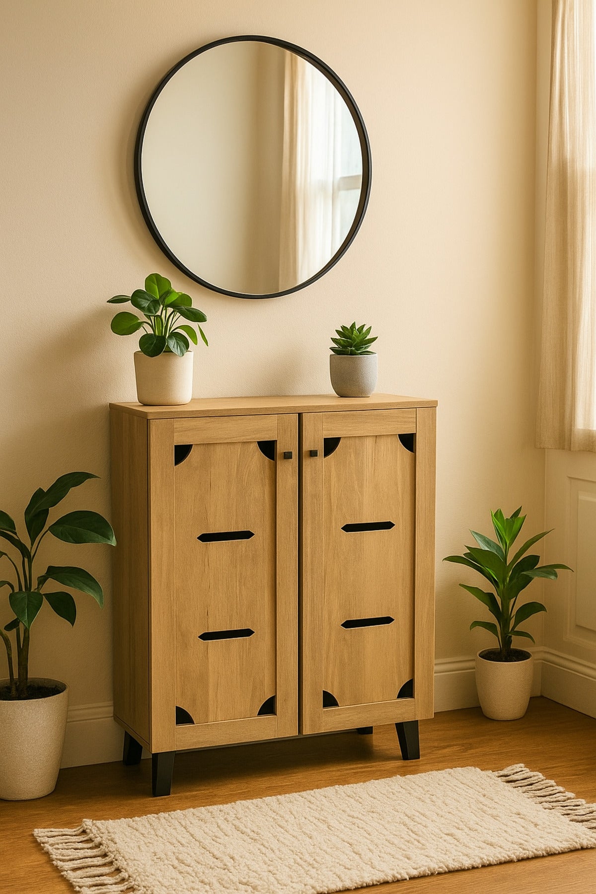 Light Brown Wooden Shoe Cabinet 80_32_94 cm √ê Modern 2-Door Storage Unit with Black Legs