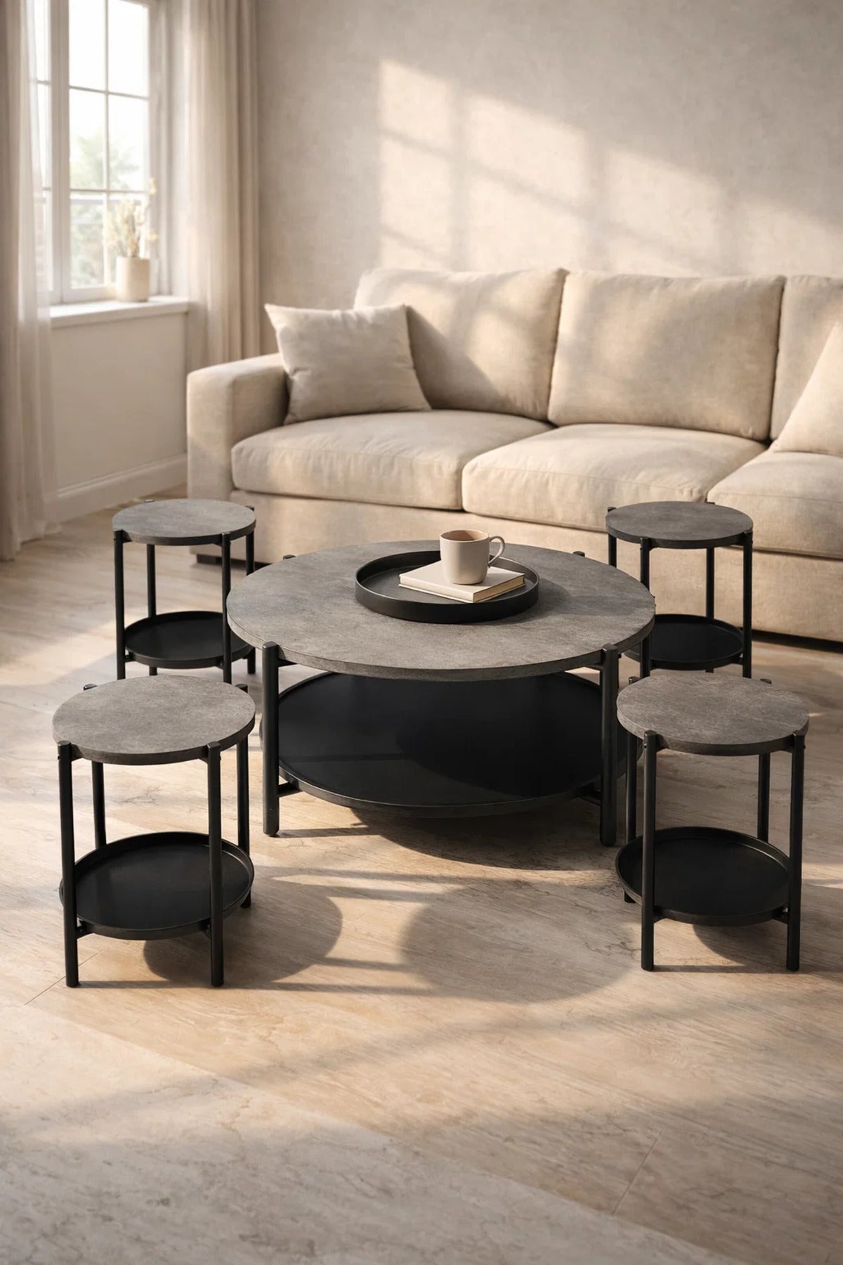 Stylish 5Piece Round Coffee Table Set Grey Stone Effect Top Black Metal Frame with Shelf Living Room