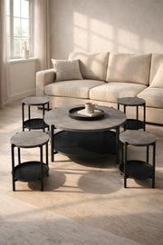 Stylish 5Piece Round Coffee Table Set Grey Stone Effect Top Black Metal Frame with Shelf Living Room
