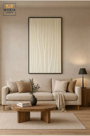 Modern Abstract Textured Wall Art with Slim Black Frame, White Linear Design on Beige Canvas for Living Room, Bedroom, Hallway and Office Décor