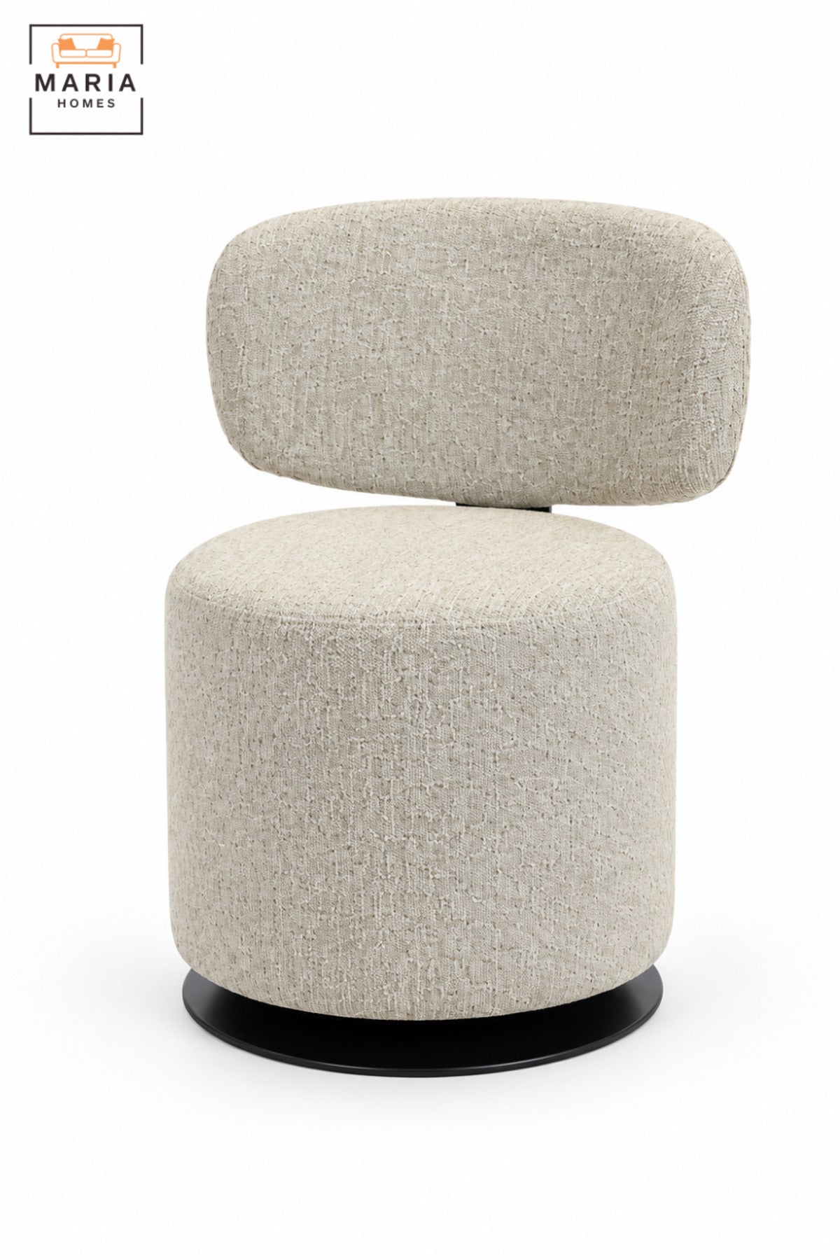 Modern 360° Swivel Arm Chair | Beige Upholstered Accent Chair with Curved Backrest, Padded Seat and Black Round Base for Living Room & Bedroom