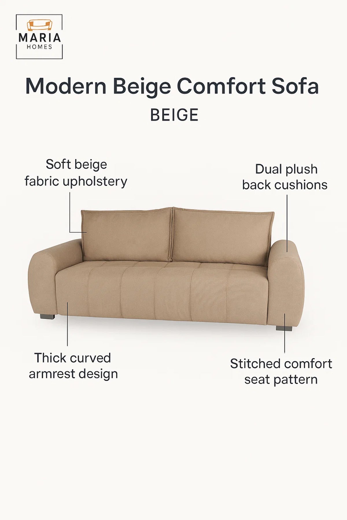 Modern Beige 3 Seater Sofa Ð Comfortable Living Room Couch with Soft Fabric Upholstery