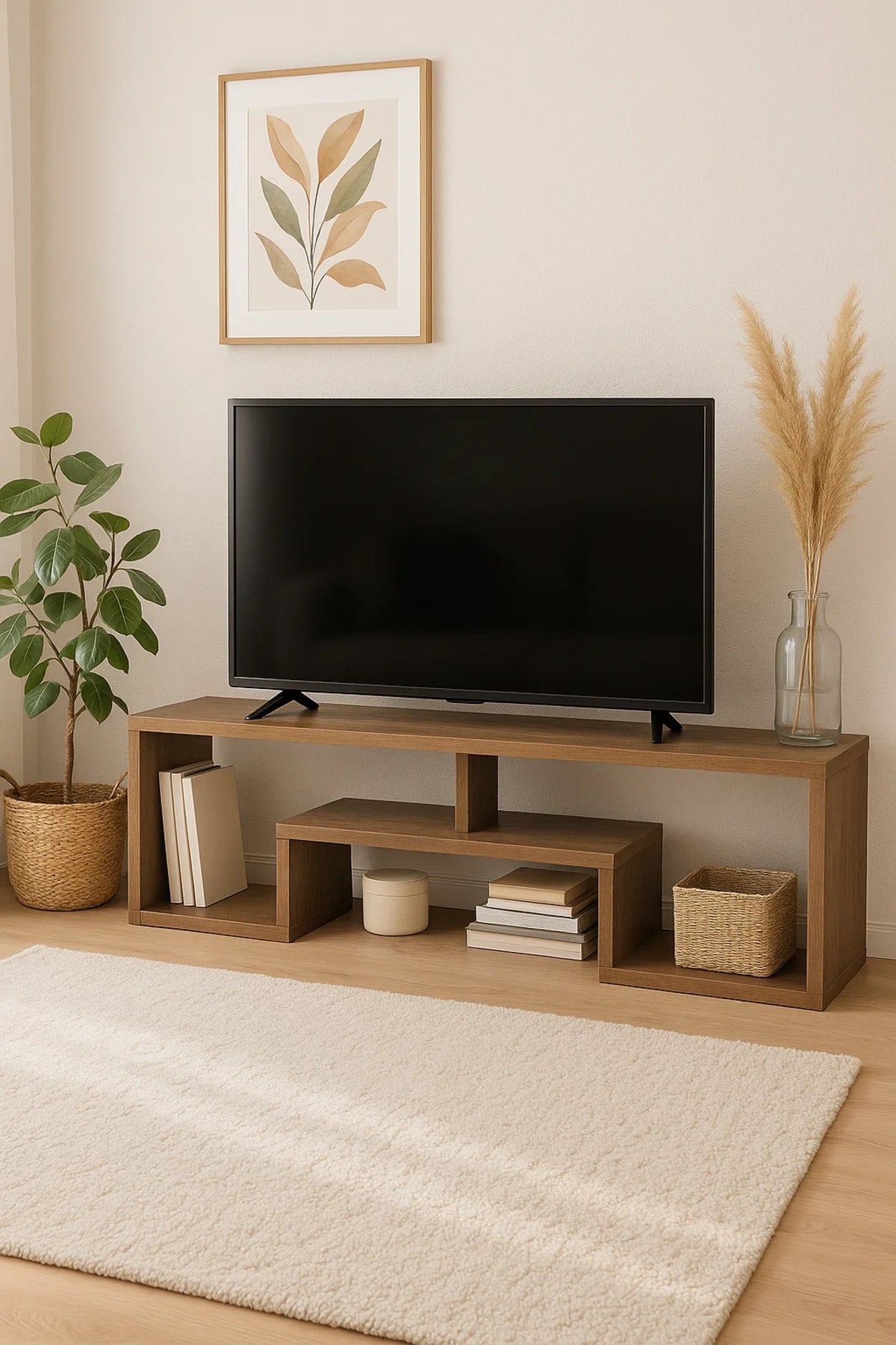 Modern Brown Wooden TV Stand Ð 160x30x50 cm Open Shelf Entertainment Console