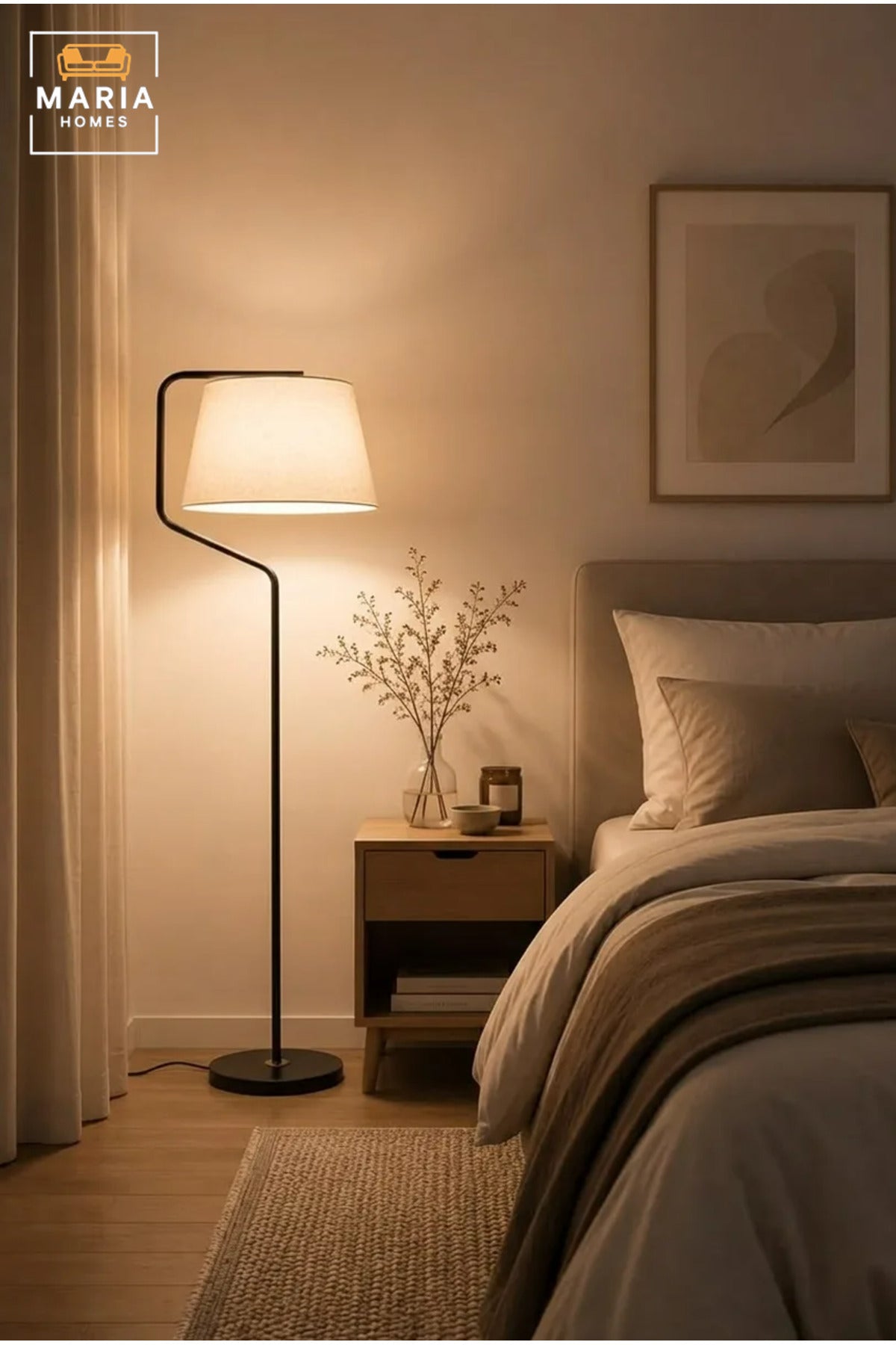 Modern Floor Lamp with Fabric Drum Shade and Curved Frame, Freestanding Standing Light for Living Room, Bedroom, Reading Corner and Home Office